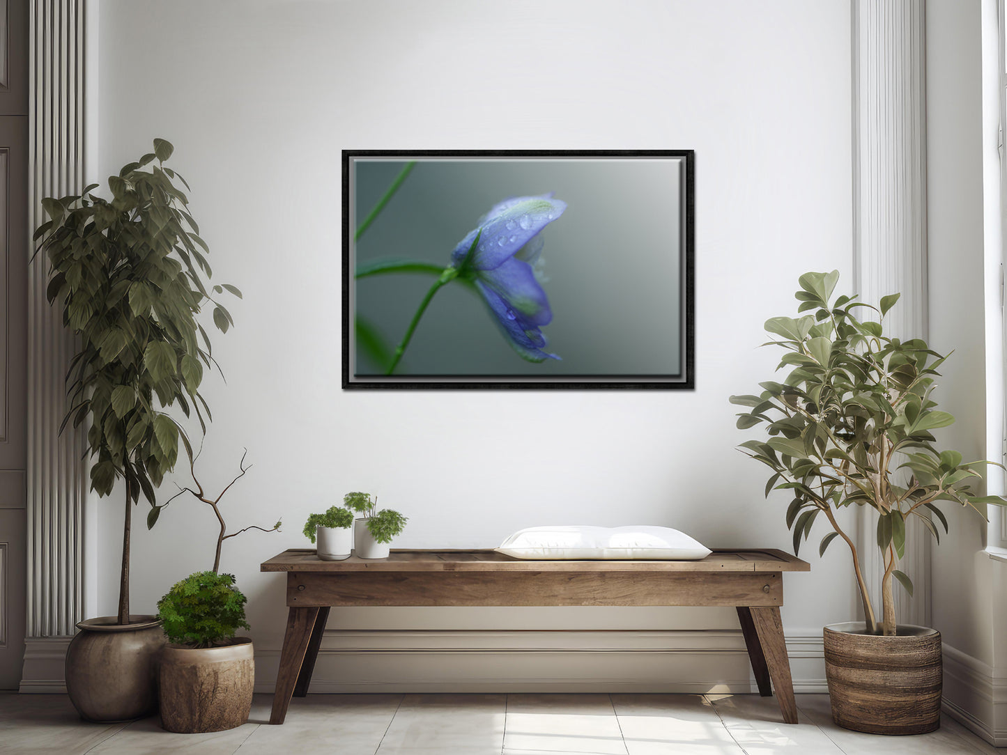 A beautiful Delphinium Flower in the rain. Framed fine art photography by Kristen Olivares.