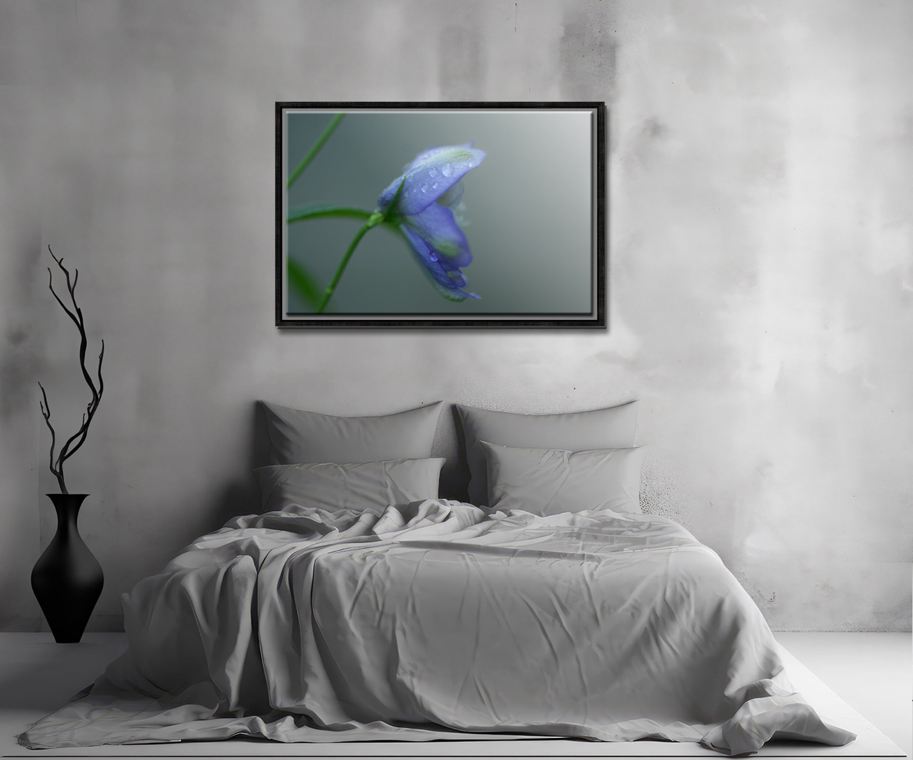 A beautiful Delphinium Flower in the rain. Framed fine art photography by Kristen Olivares.