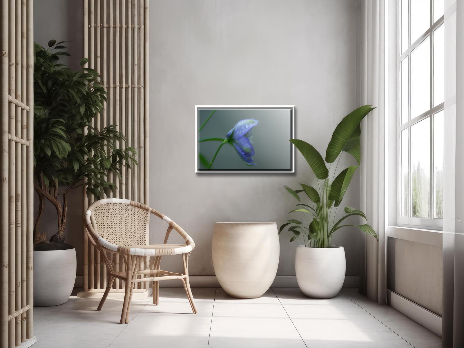 A beautiful Delphinium Flower in the rain. Framed fine art photography by Kristen Olivares.