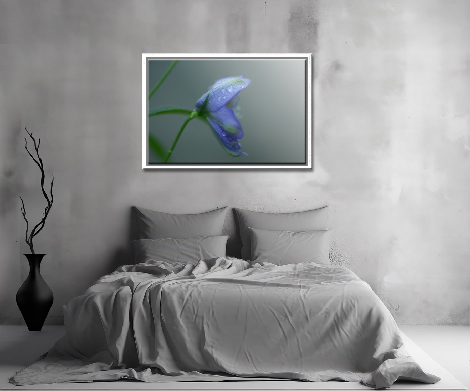 A beautiful Delphinium Flower in the rain. Framed fine art photography by Kristen Olivares.