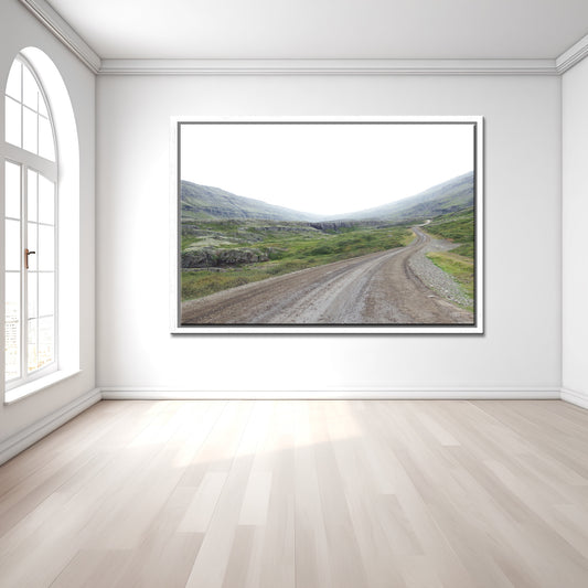 An image of a desolate road in Iceland. Framed fine art photography, canvas wall art by Kristen Olivares.
