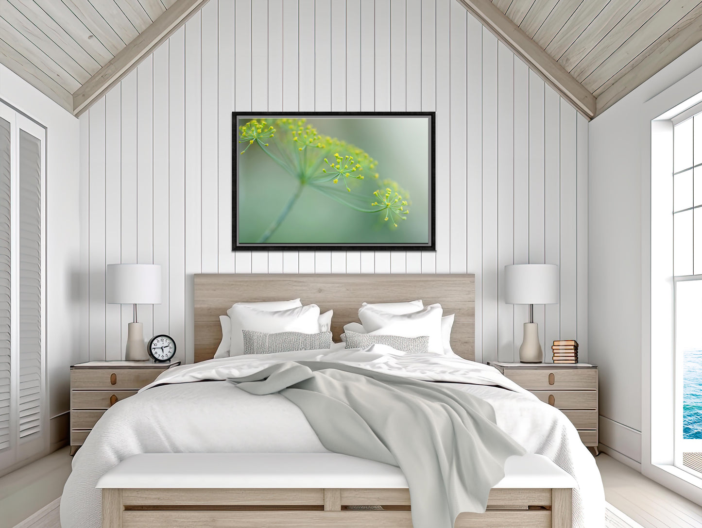 Beautiful, bright yellow Dill flower Framed canvas art. Fine art photography by Kristen Olivares.