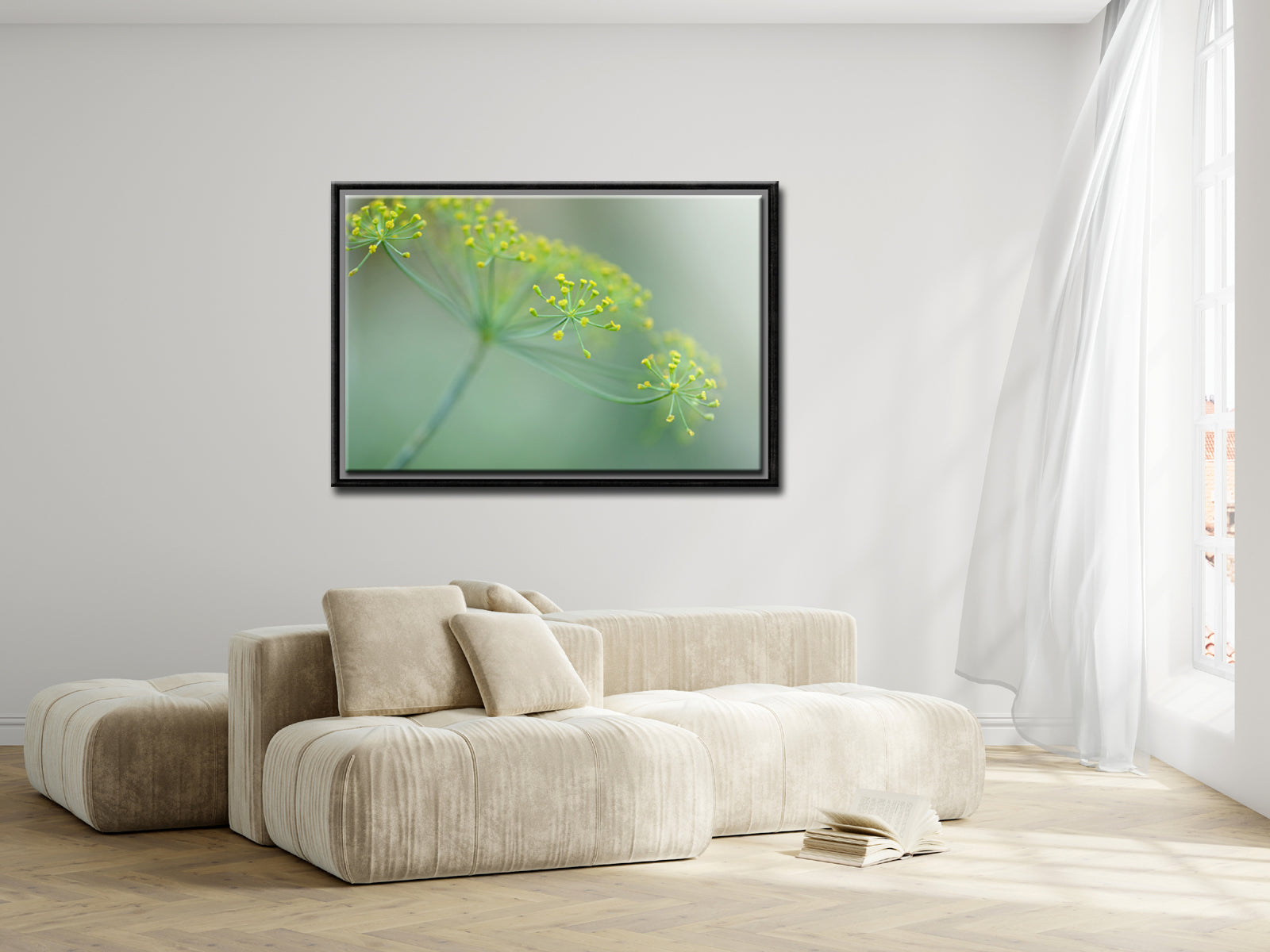 Beautiful, bright yellow Dill flower Framed canvas art. Fine art photography by Kristen Olivares.