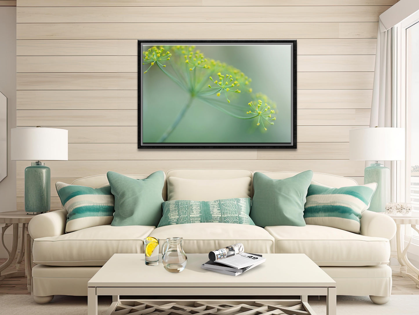 Beautiful, bright yellow Dill flower Framed canvas art. Fine art photography by Kristen Olivares.