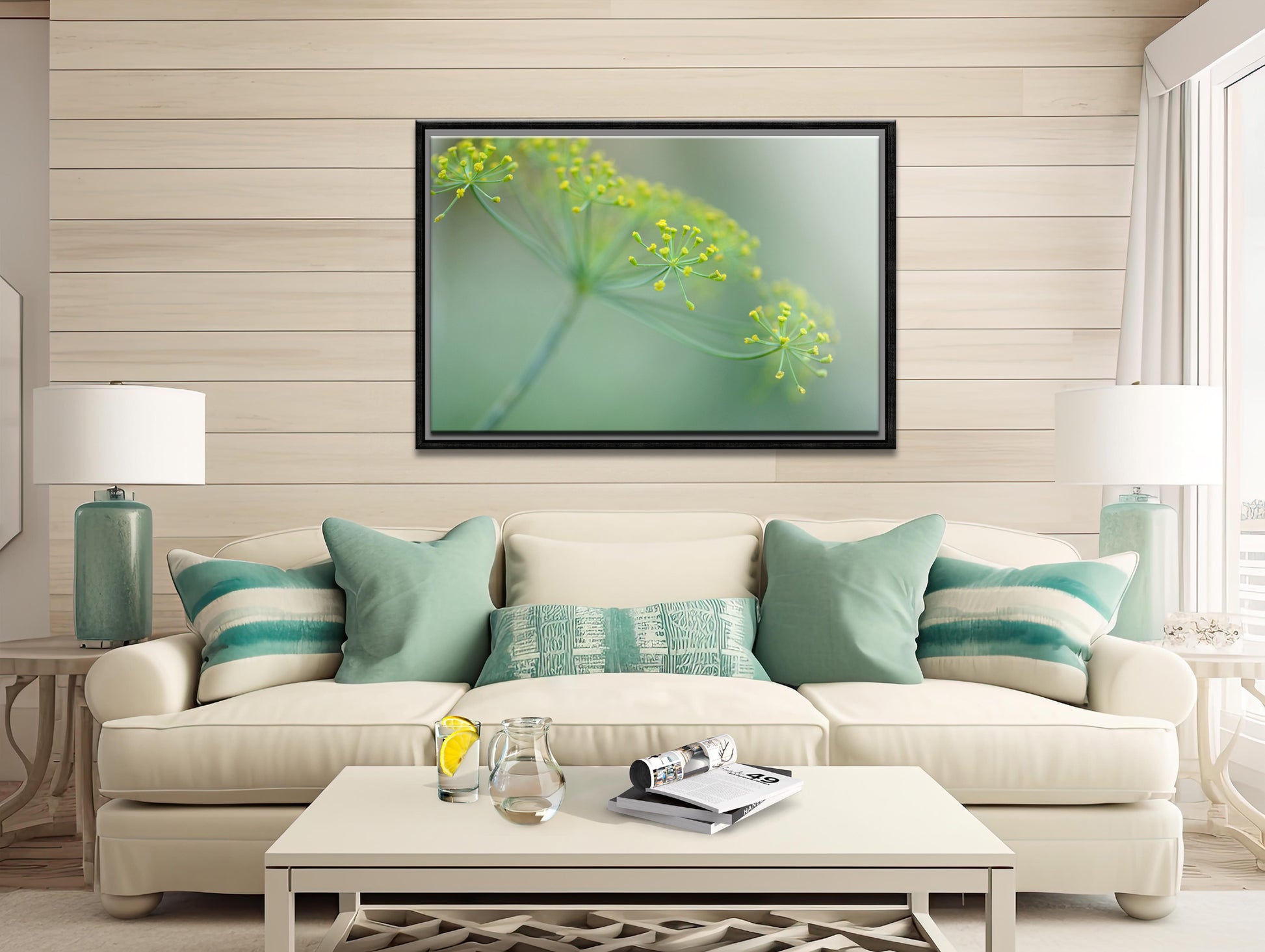 Beautiful, bright yellow Dill flower Framed canvas art. Fine art photography by Kristen Olivares.