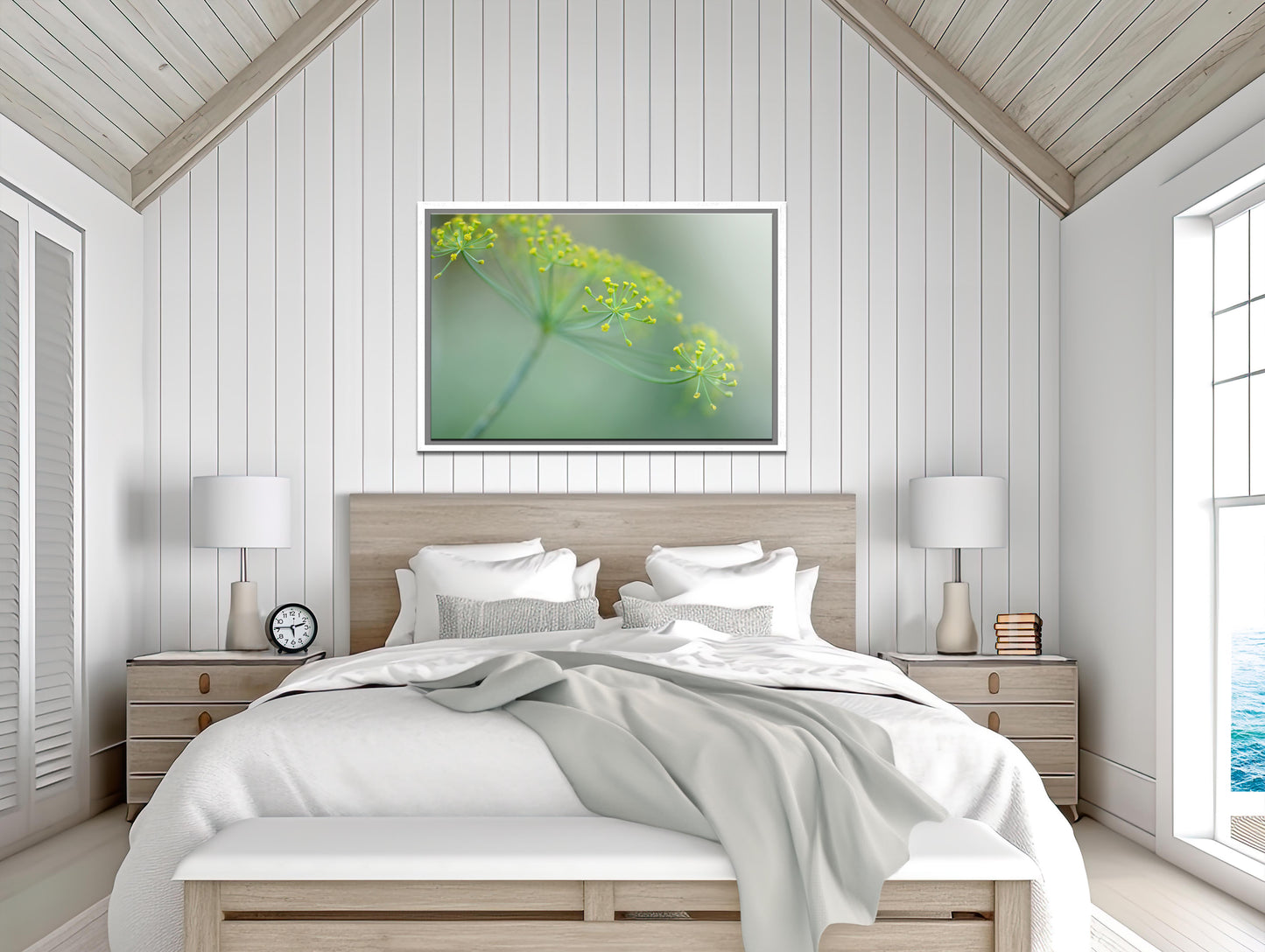 Beautiful, bright yellow Dill flower Framed canvas art. Fine art photography by Kristen Olivares.