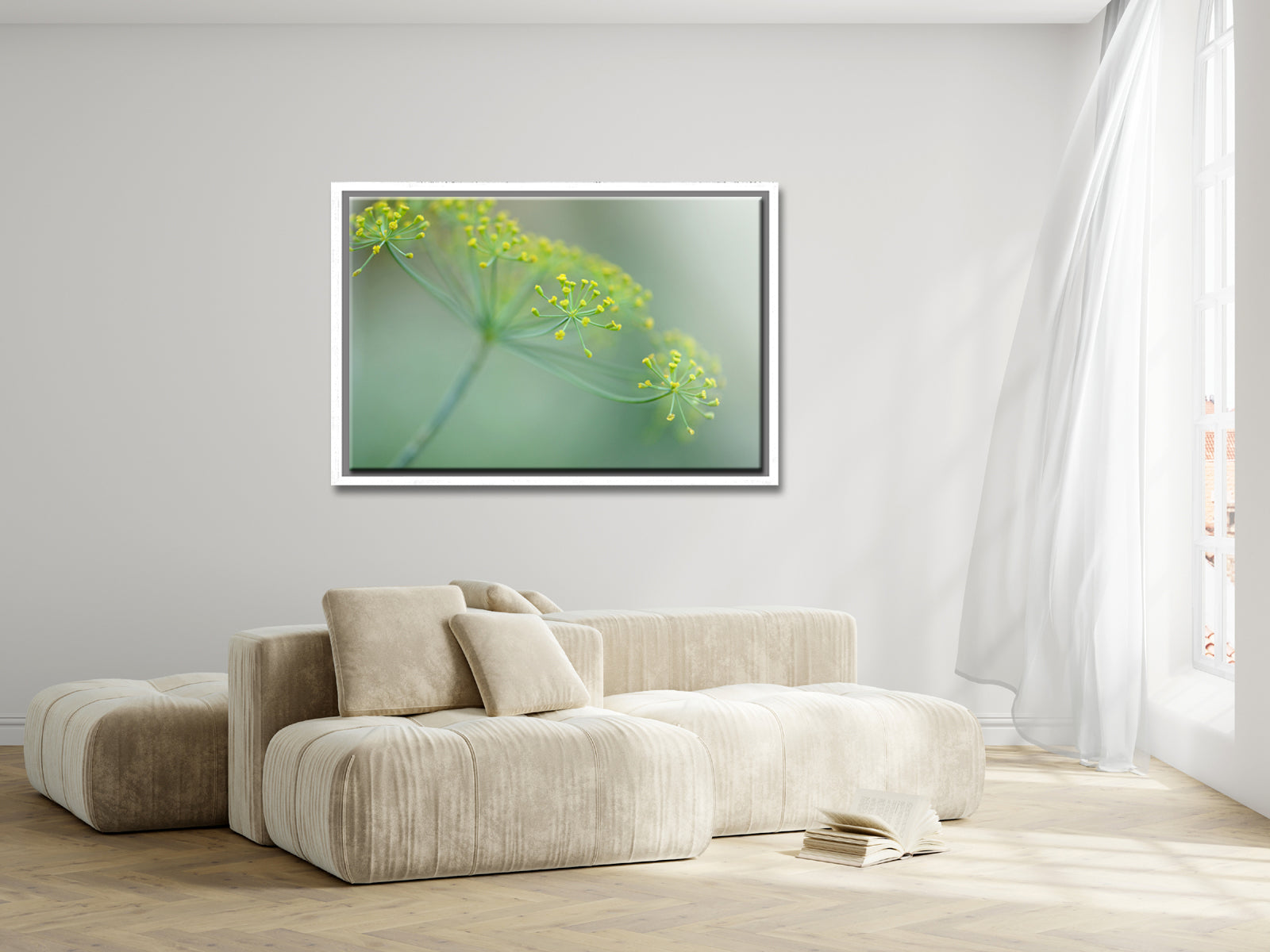 Beautiful, bright yellow Dill flower Framed canvas art. Fine art photography by Kristen Olivares.