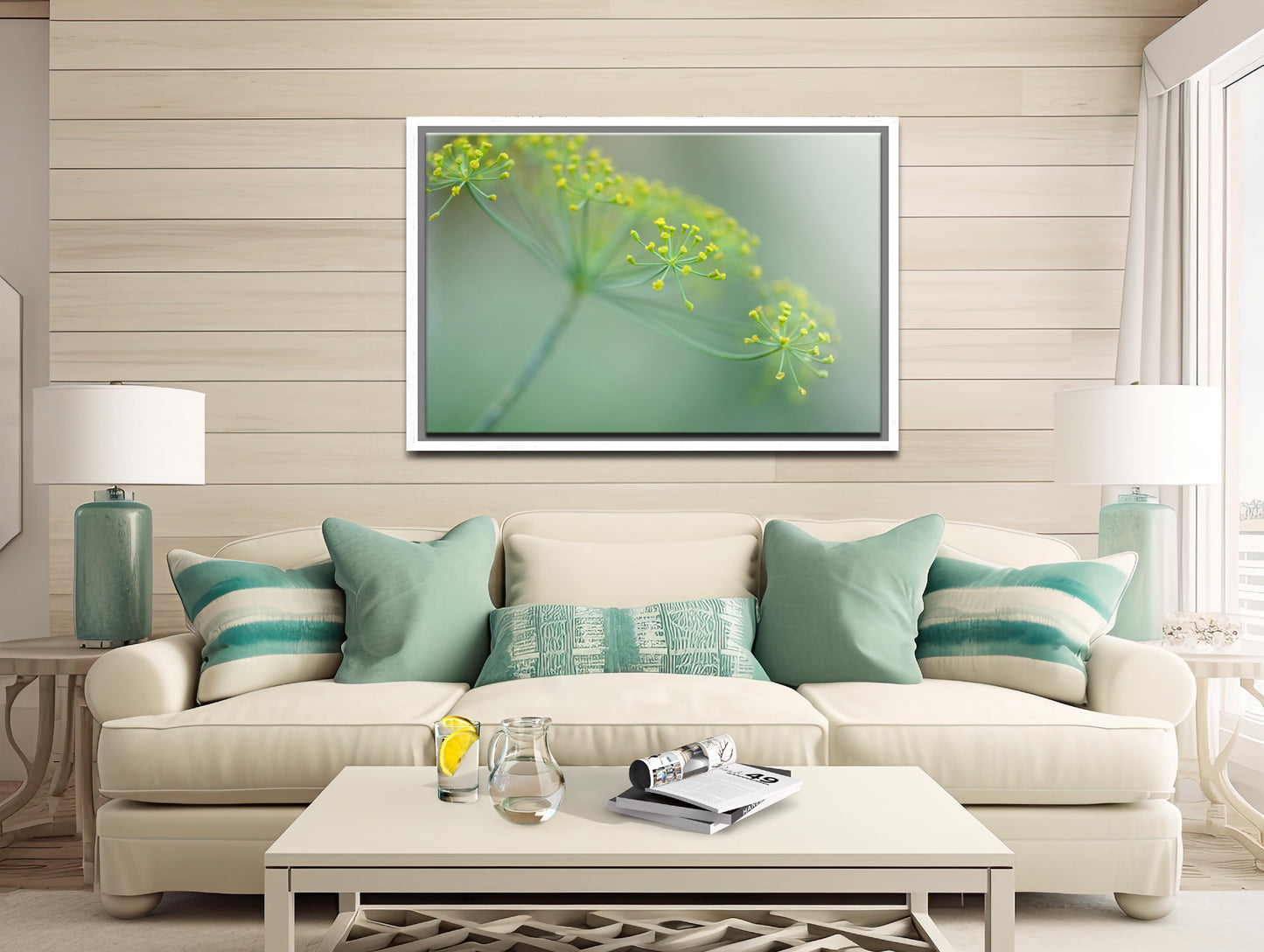 Beautiful, bright yellow Dill flower Framed canvas art. Fine art photography by Kristen Olivares.