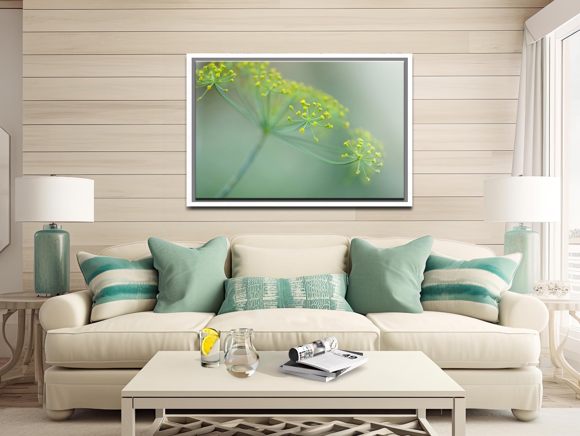 Beautiful, bright yellow Dill flower Framed canvas art. Fine art photography by Kristen Olivares.
