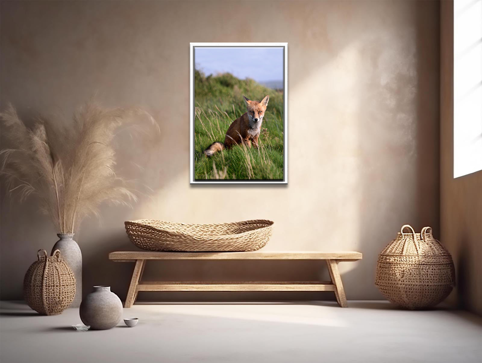 A beautiful fox in the field of Ireland. Framed Canvas Wall Art by Kristen Olivares.