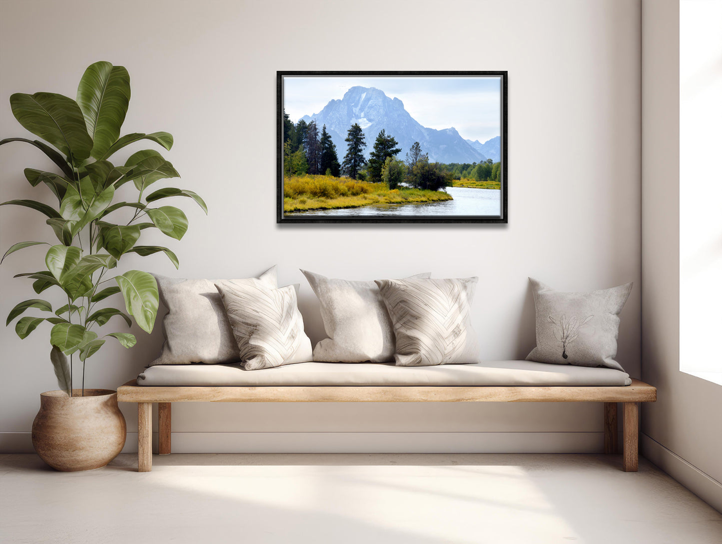 The beautiful Grand Tetons, bluish mountains and golden grass along the river bank. Canvas Wall Art. Framed Fine Art Photography by Kristen Olivares