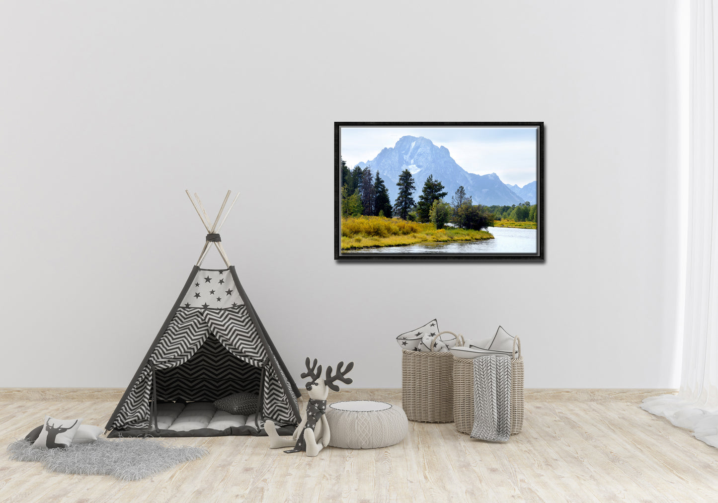 The beautiful Grand Tetons, bluish mountains and golden grass along the river bank. Canvas Wall Art. Framed Fine Art Photography by Kristen Olivares