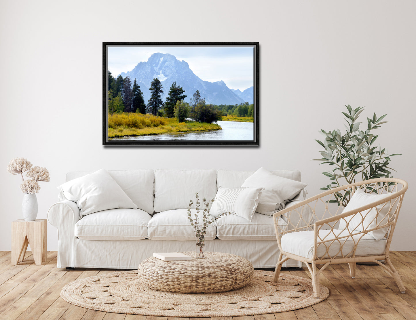 The beautiful Grand Tetons, bluish mountains and golden grass along the river bank. Canvas Wall Art. Framed Fine Art Photography by Kristen Olivares