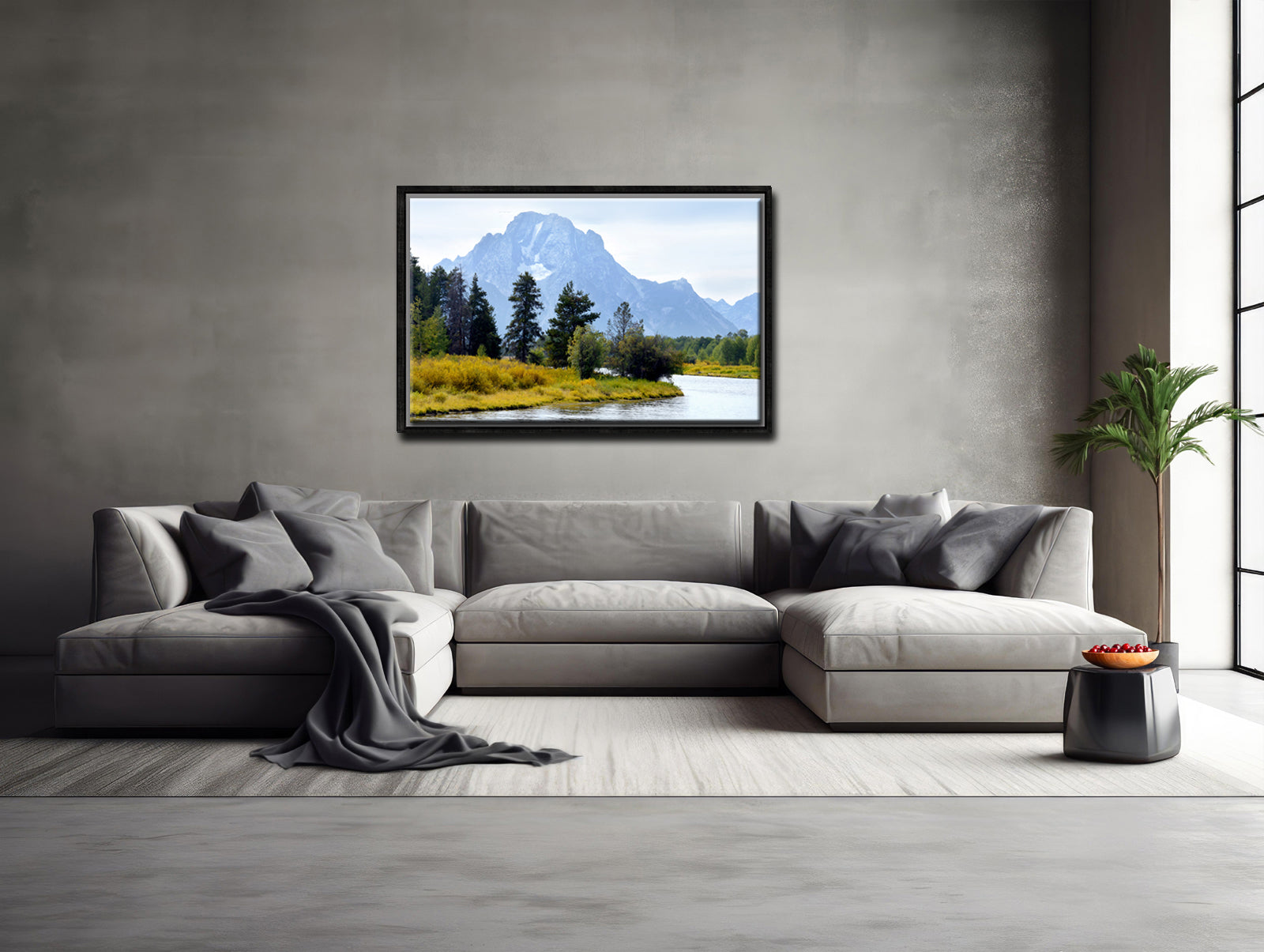 The beautiful Grand Tetons, bluish mountains and golden grass along the river bank. Canvas Wall Art. Framed Fine Art Photography by Kristen Olivares