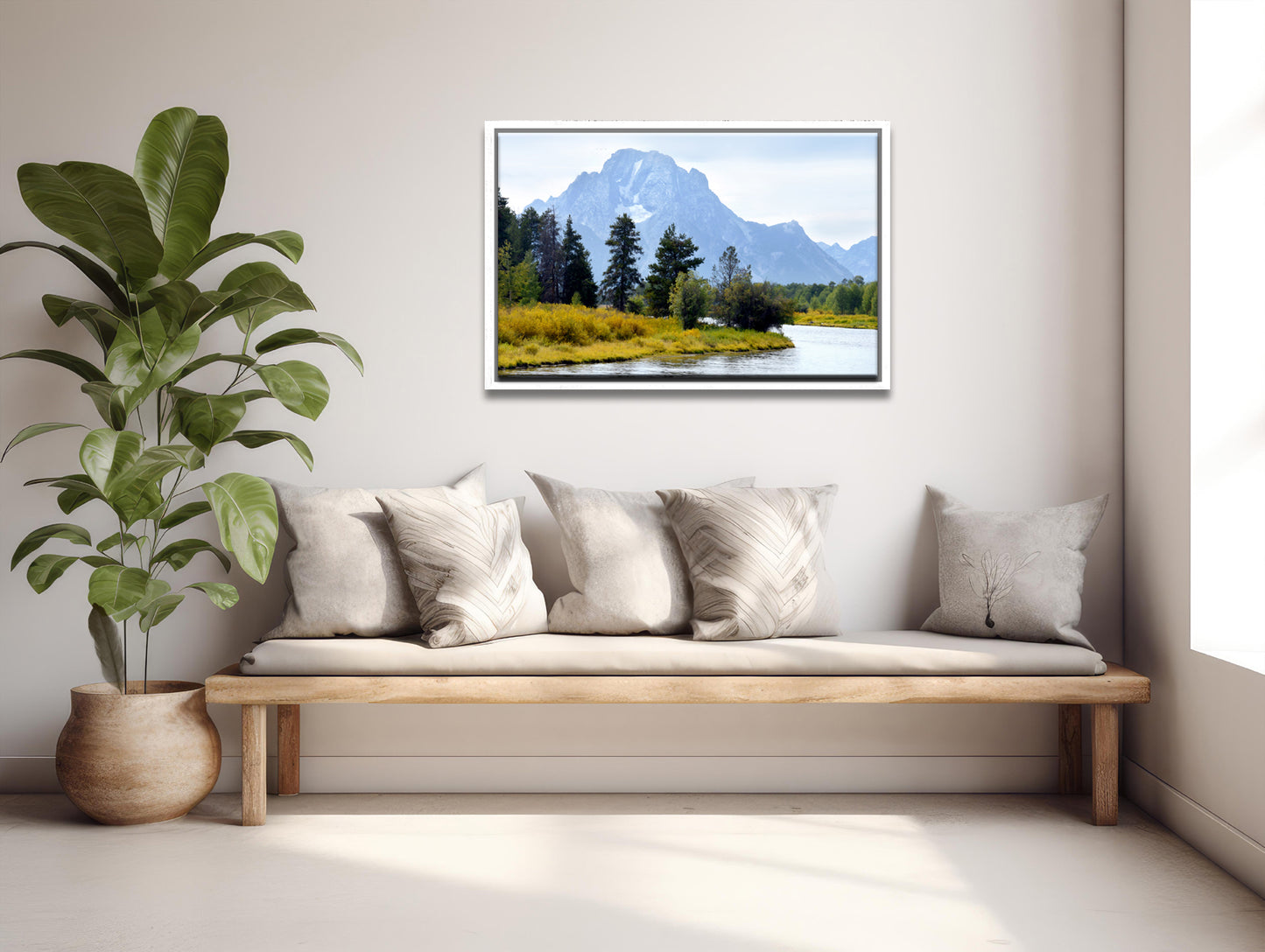 The beautiful Grand Tetons, bluish mountains and golden grass along the river bank. Canvas Wall Art. Framed Fine Art Photography by Kristen Olivares