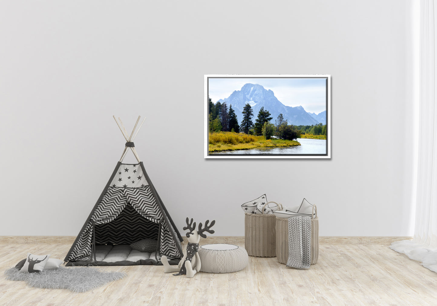 The beautiful Grand Tetons, bluish mountains and golden grass along the river bank. Canvas Wall Art. Framed Fine Art Photography by Kristen Olivares
