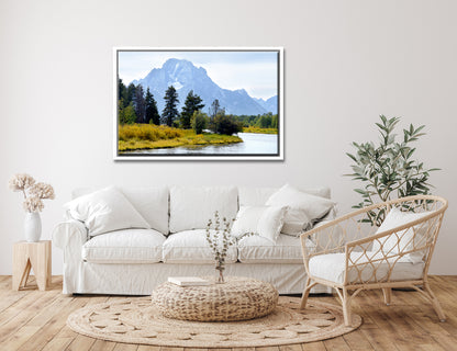 The beautiful Grand Tetons, bluish mountains and golden grass along the river bank. Canvas Wall Art. Framed Fine Art Photography by Kristen Olivares