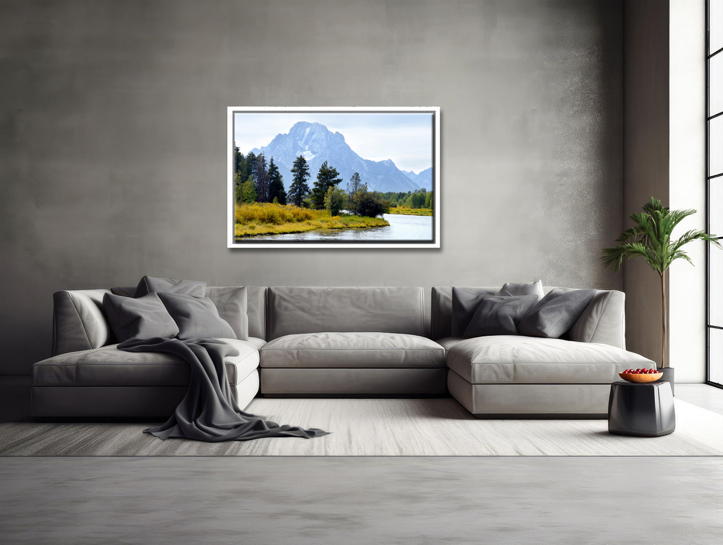 The beautiful Grand Tetons, bluish mountains and golden grass along the river bank. Canvas Wall Art. Framed Fine Art Photography by Kristen Olivares