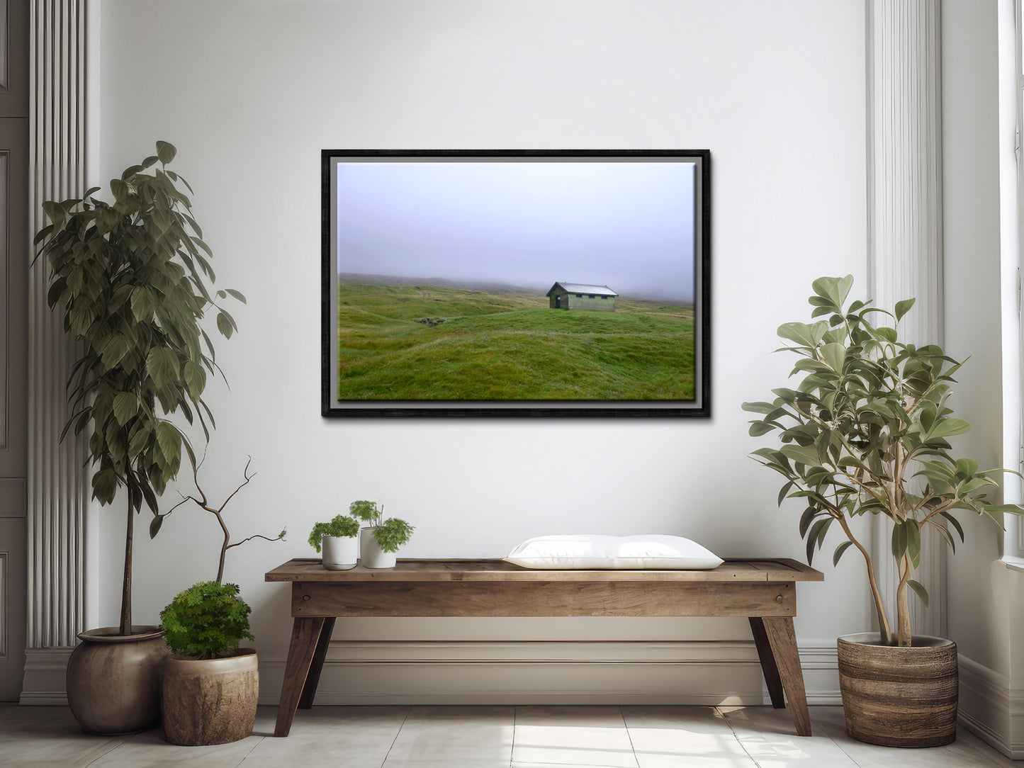 Beautiful, tiny green shed on the cliffs of the Faroe Islands, surrounded by fog. Fine art photography by Kristen Olivares.