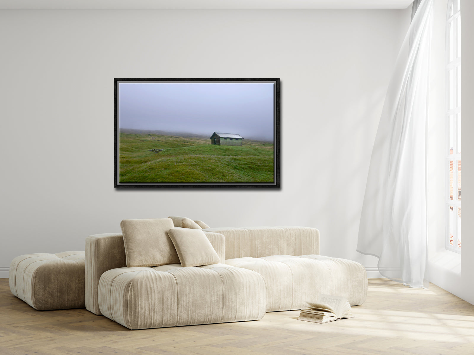 Beautiful, tiny green shed on the cliffs of the Faroe Islands, surrounded by fog. Framed fine art photography by Kristen Olivares.