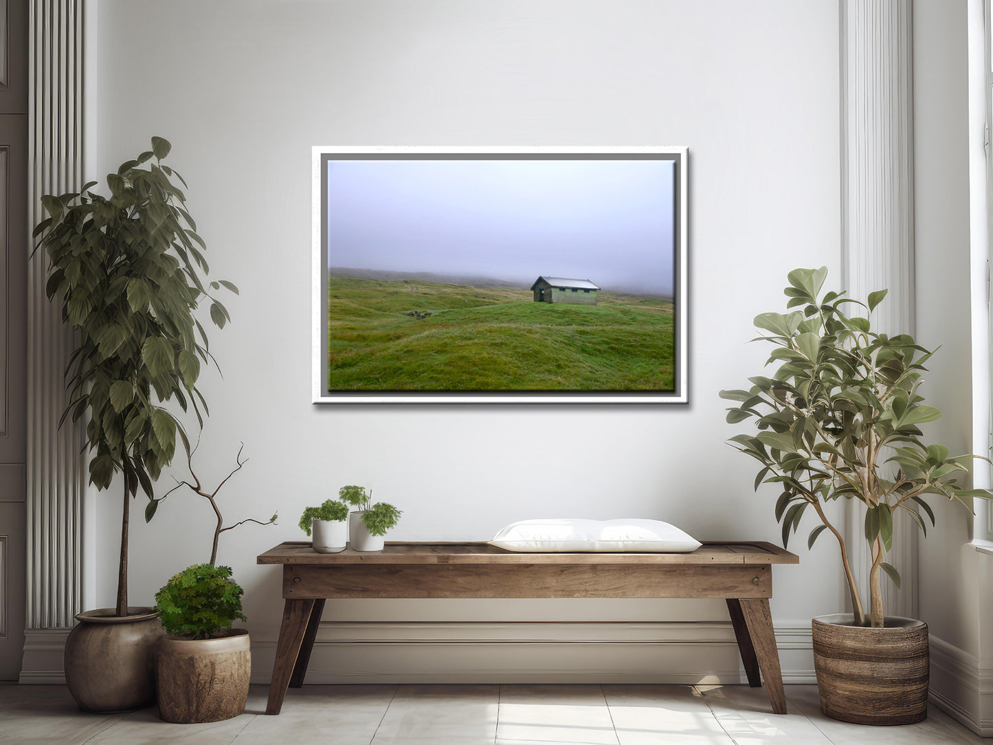 Beautiful, tiny green shed on the cliffs of the Faroe Islands, surrounded by fog. Framed fine art photography by Kristen Olivares.