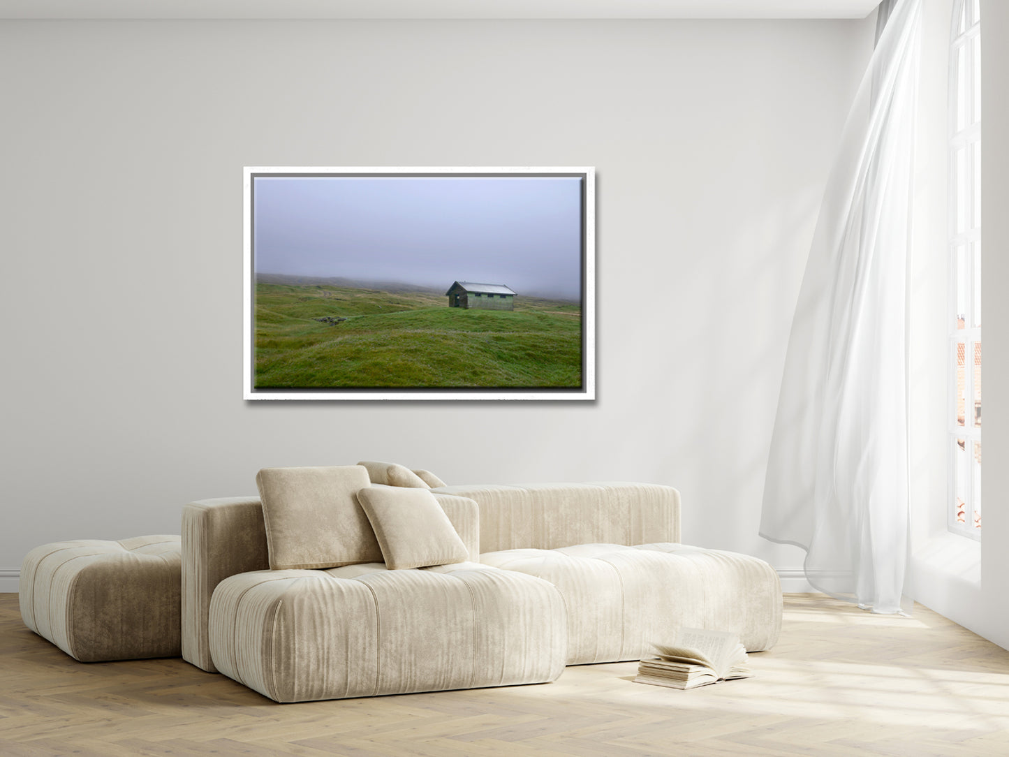 Beautiful, tiny green shed on the cliffs of the Faroe Islands, surrounded by fog. Framed fine art photography by Kristen Olivares.