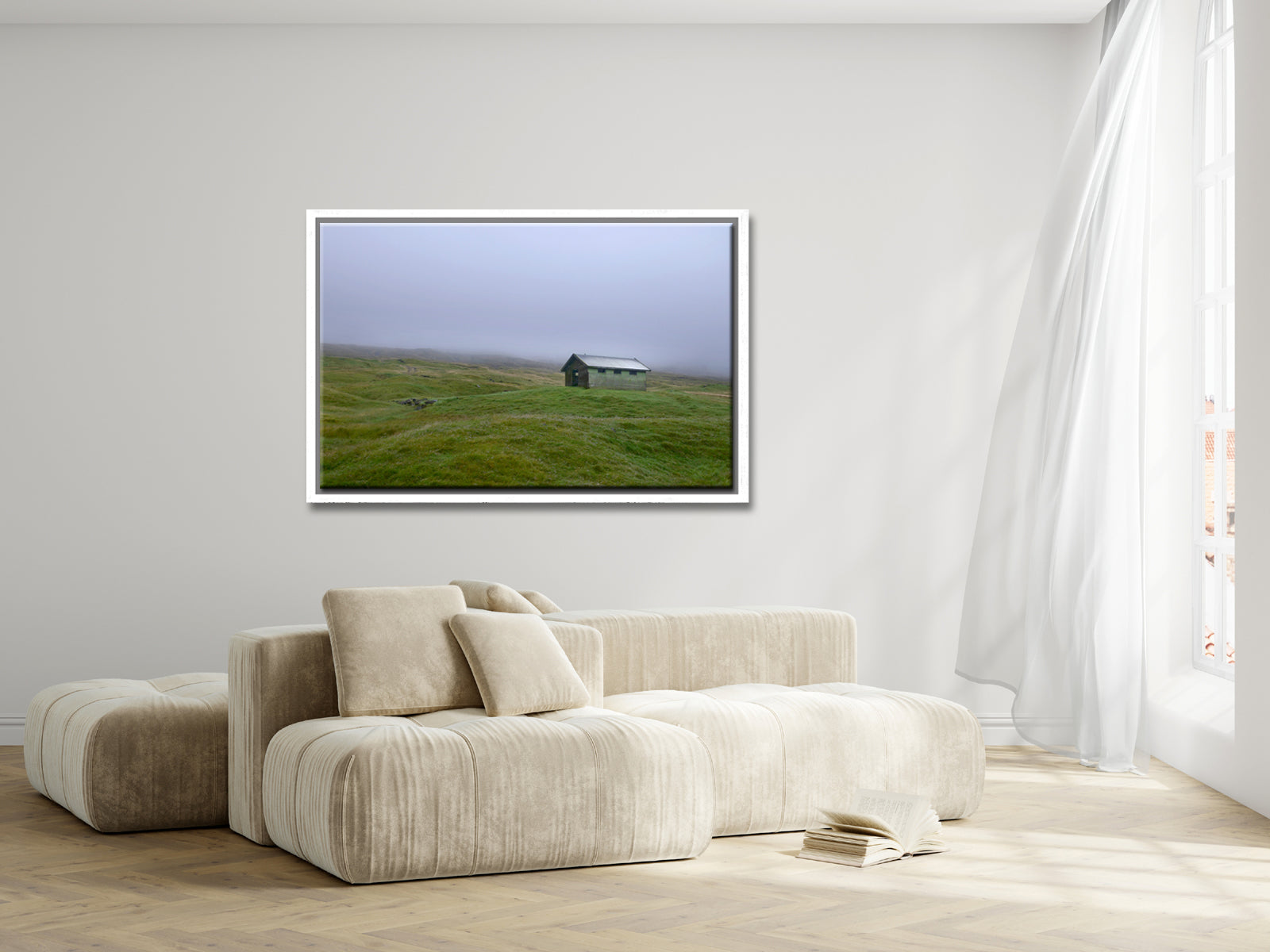 Beautiful, tiny green shed on the cliffs of the Faroe Islands, surrounded by fog. Framed fine art photography by Kristen Olivares.