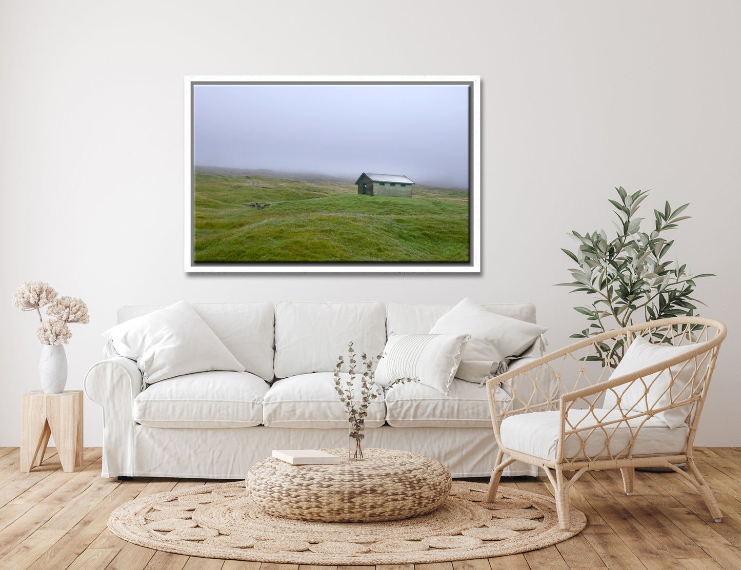Beautiful, tiny green shed on the cliffs of the Faroe Islands, surrounded by fog. Framed fine art photography by Kristen Olivares.