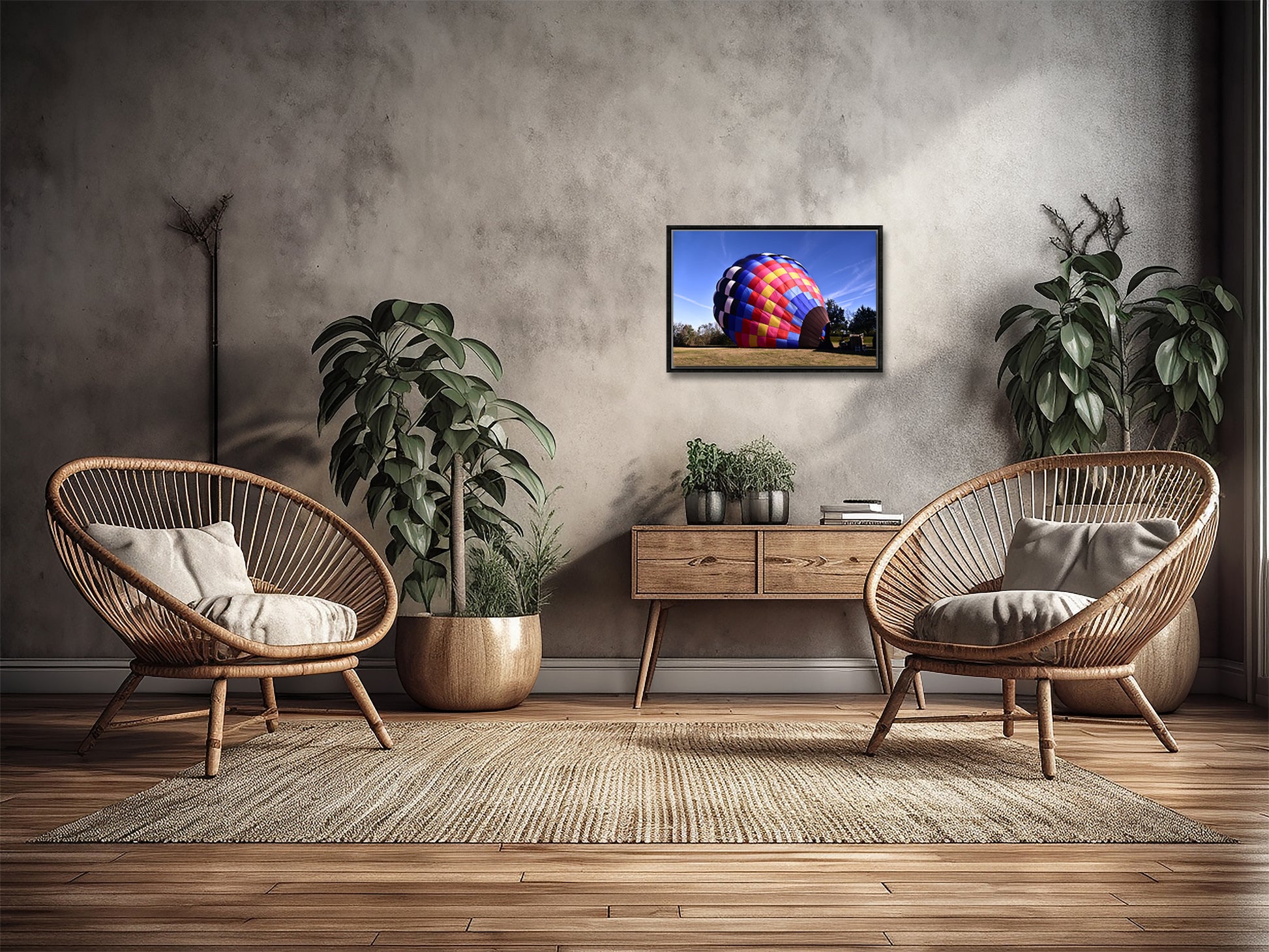Brightly colored hot air balloon ready for flight. Framed canvas print by Kristen Olivares