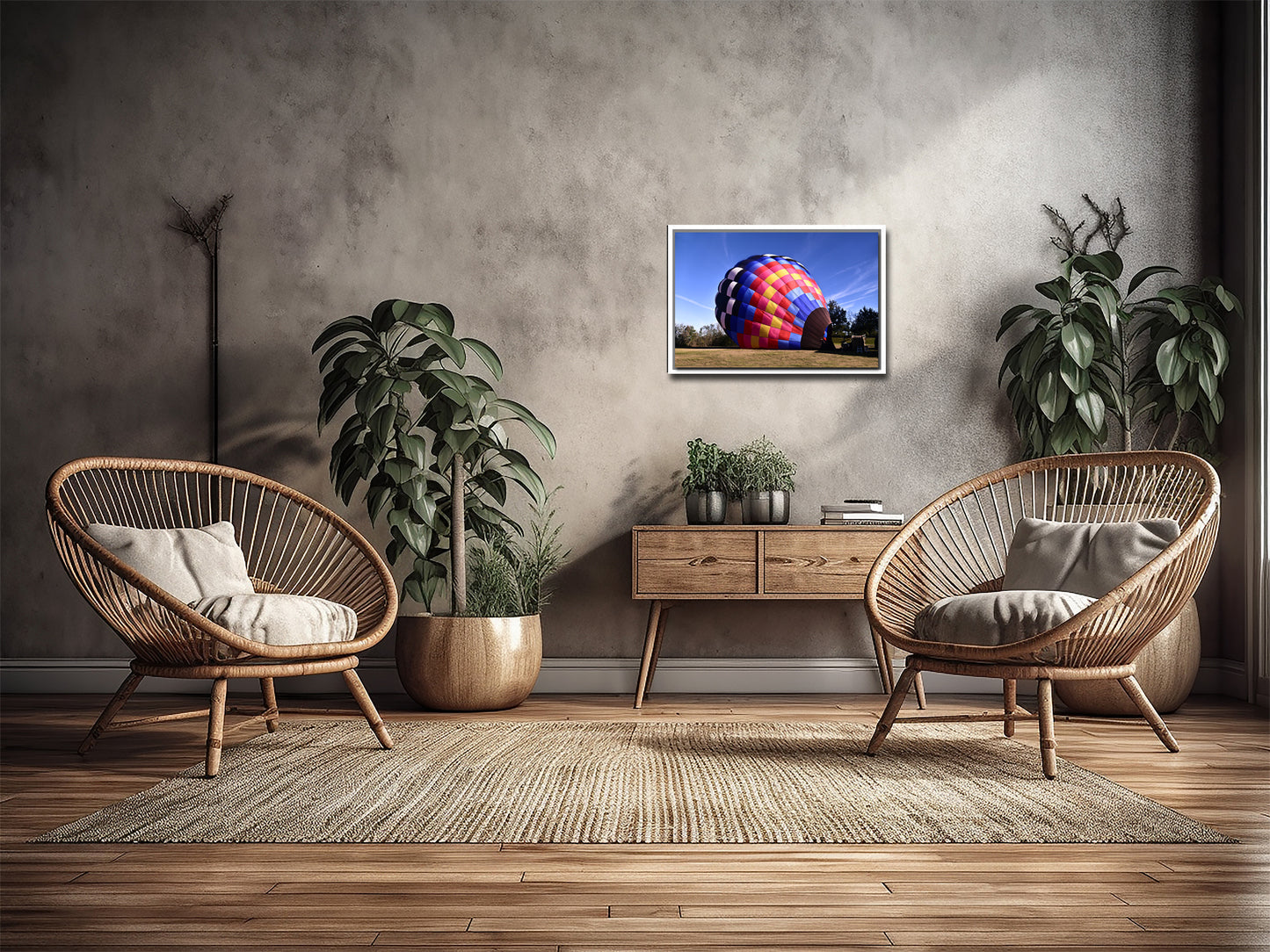 Brightly colored hot air balloon ready for flight. Framed canvas print by Kristen Olivares