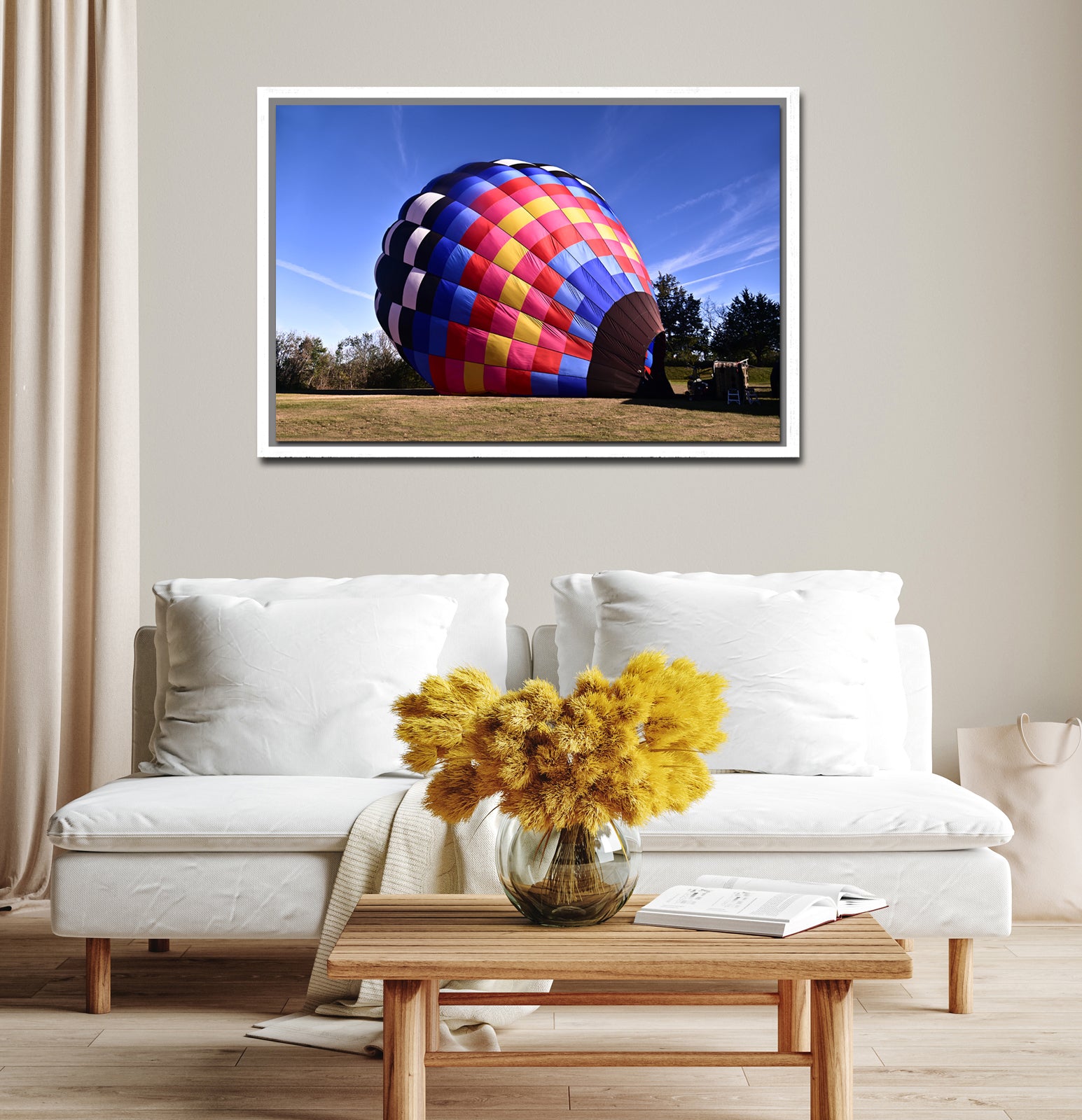 Brightly colored hot air balloon ready for flight. Framed canvas print by Kristen Olivares