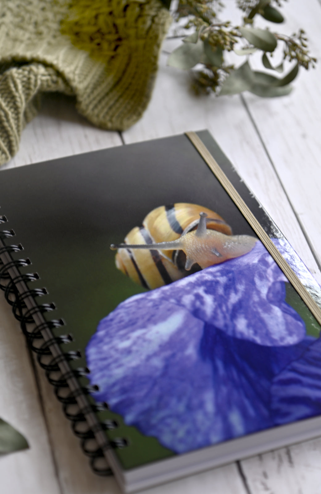 Bright yellow snail on a purple Iris flower. Durable hardcover journal-200 lined pages- photo by Kristen Olivares
