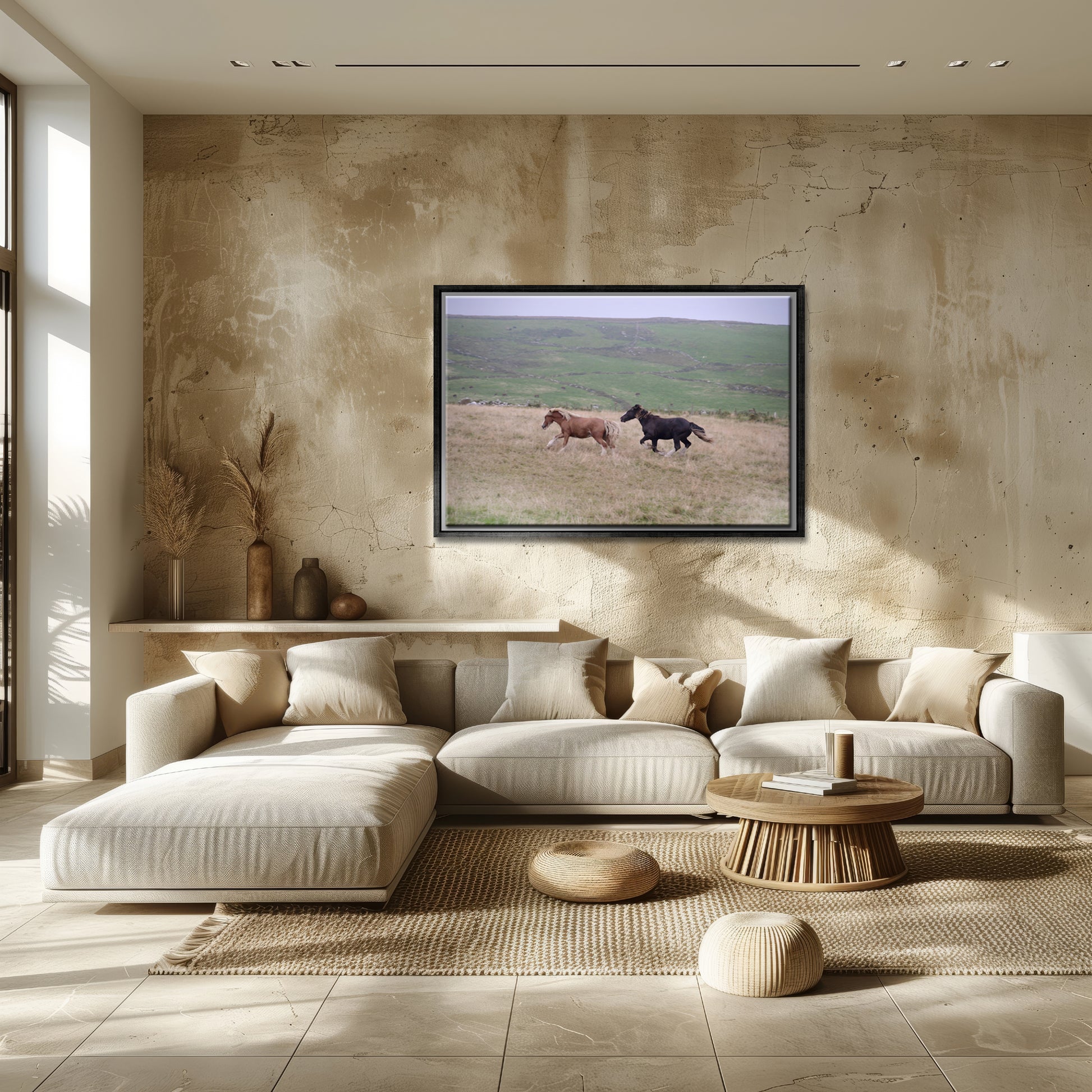 Two horses running in Ireland-Art Print in a black frame. By Kristen Olivares