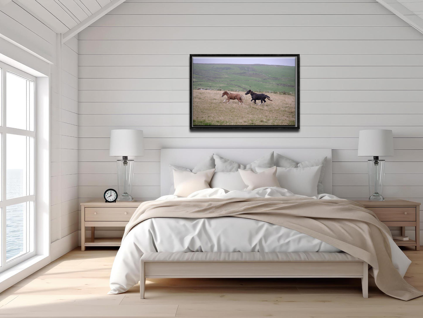 Horses running free in Ireland, black framed 20x30 canvas art print.