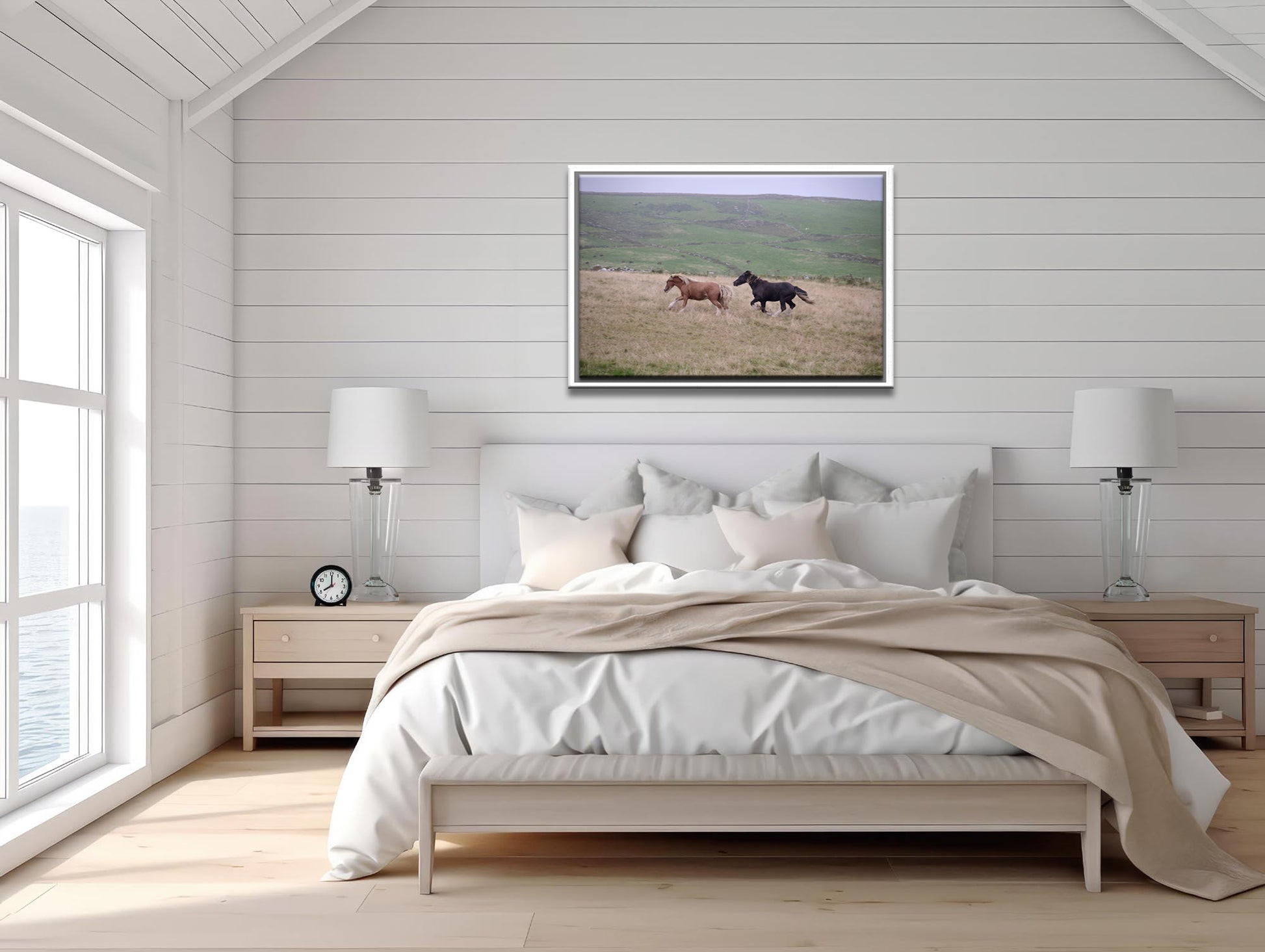 Horses running free in Ireland, 20x30 framed in white canvas print. 