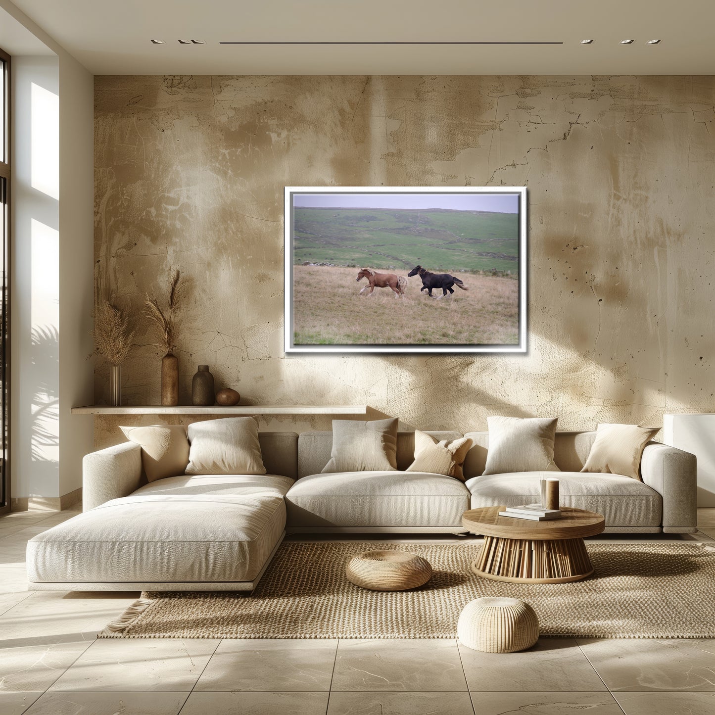 Horses running wild in Ireland, framed in white canvas print