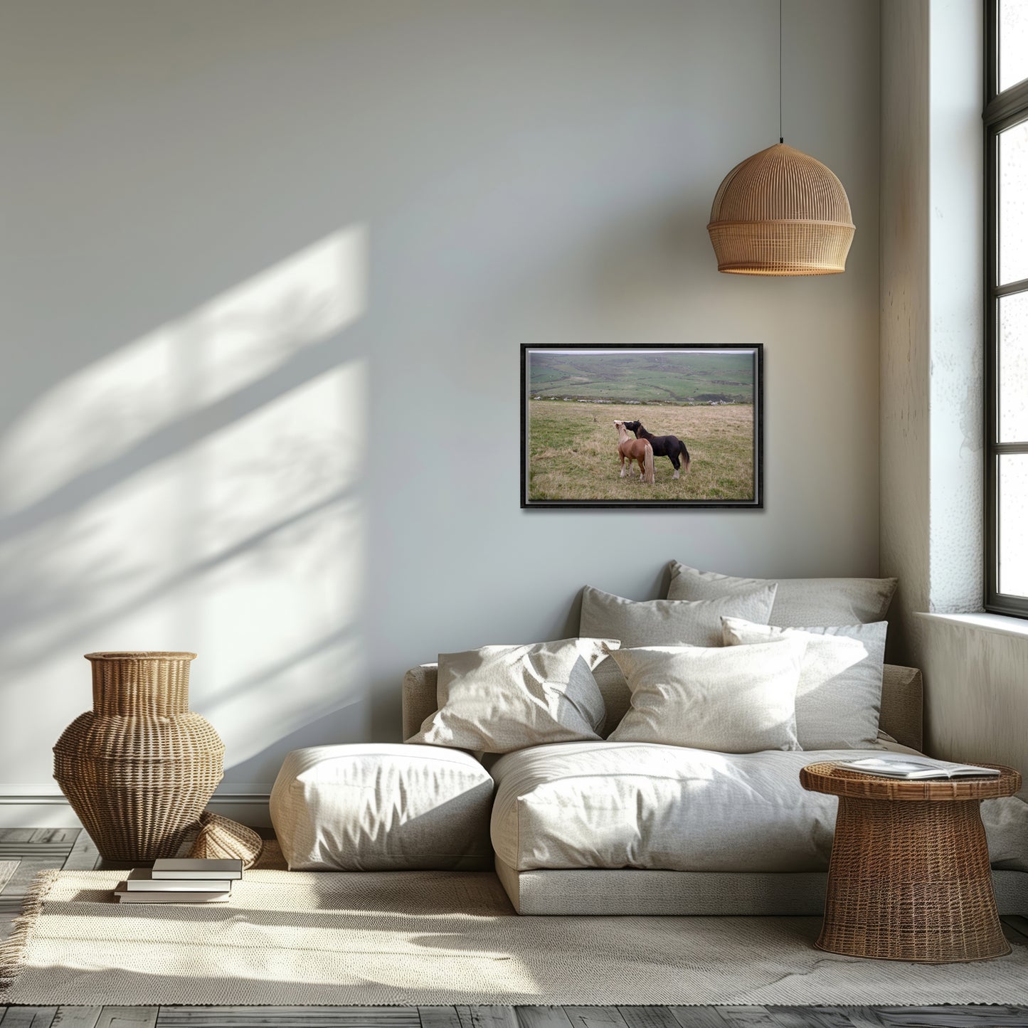 Two loving, playful horses interacting in the fields of Ireland. Framed canvas wall art by Kristen Olivares