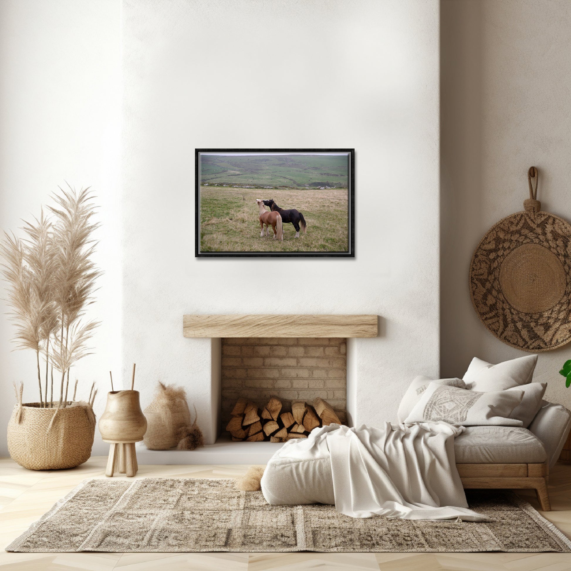 Two loving, playful horses interacting in the fields of Ireland. Framed canvas wall art by Kristen Olivares