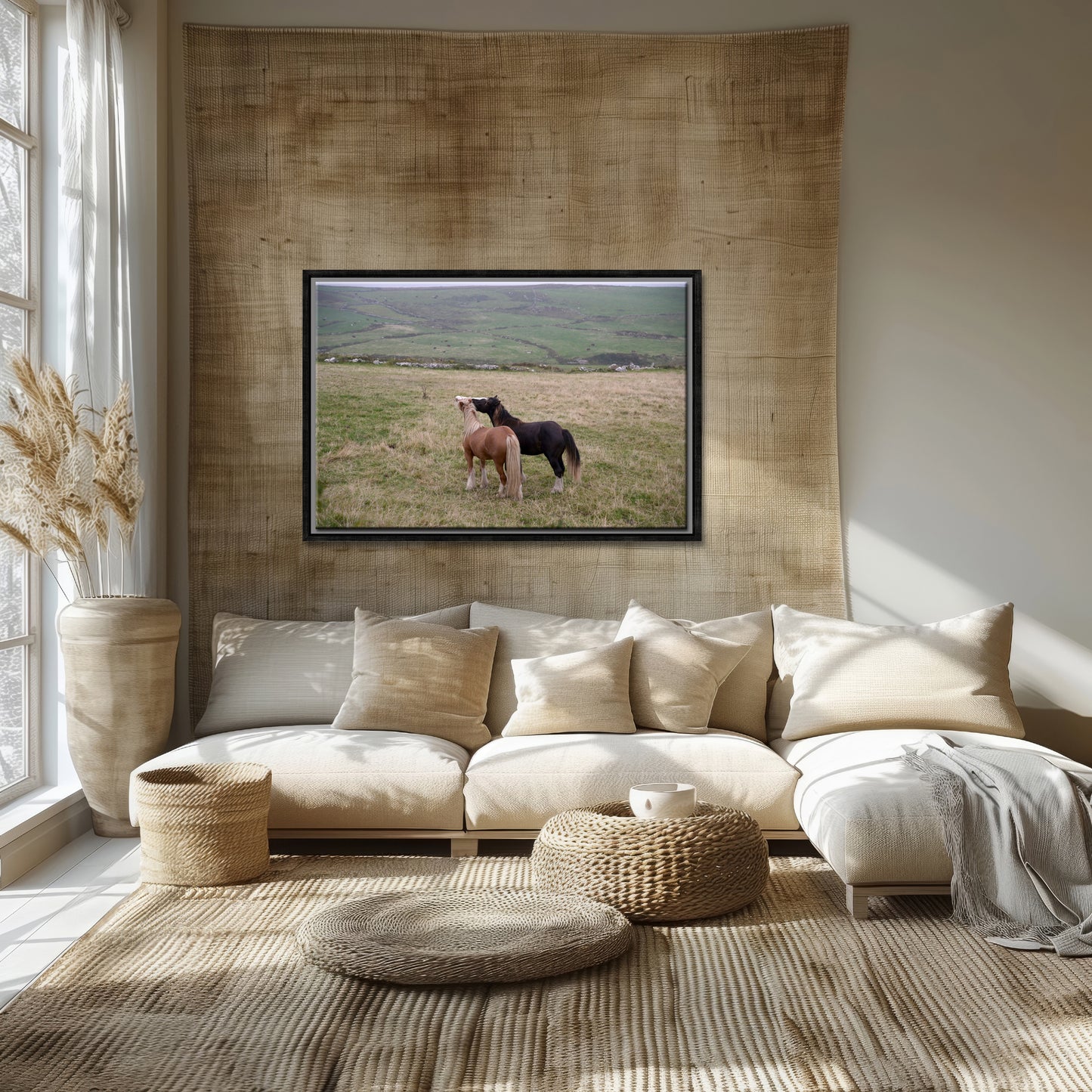 Two loving, playful horses interacting in the fields of Ireland. Framed canvas wall art by Kristen Olivares