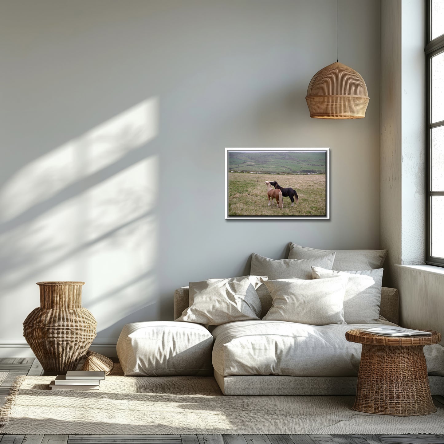 Two loving, playful horses interacting in the fields of Ireland. Framed canvas wall art by Kristen Olivares
