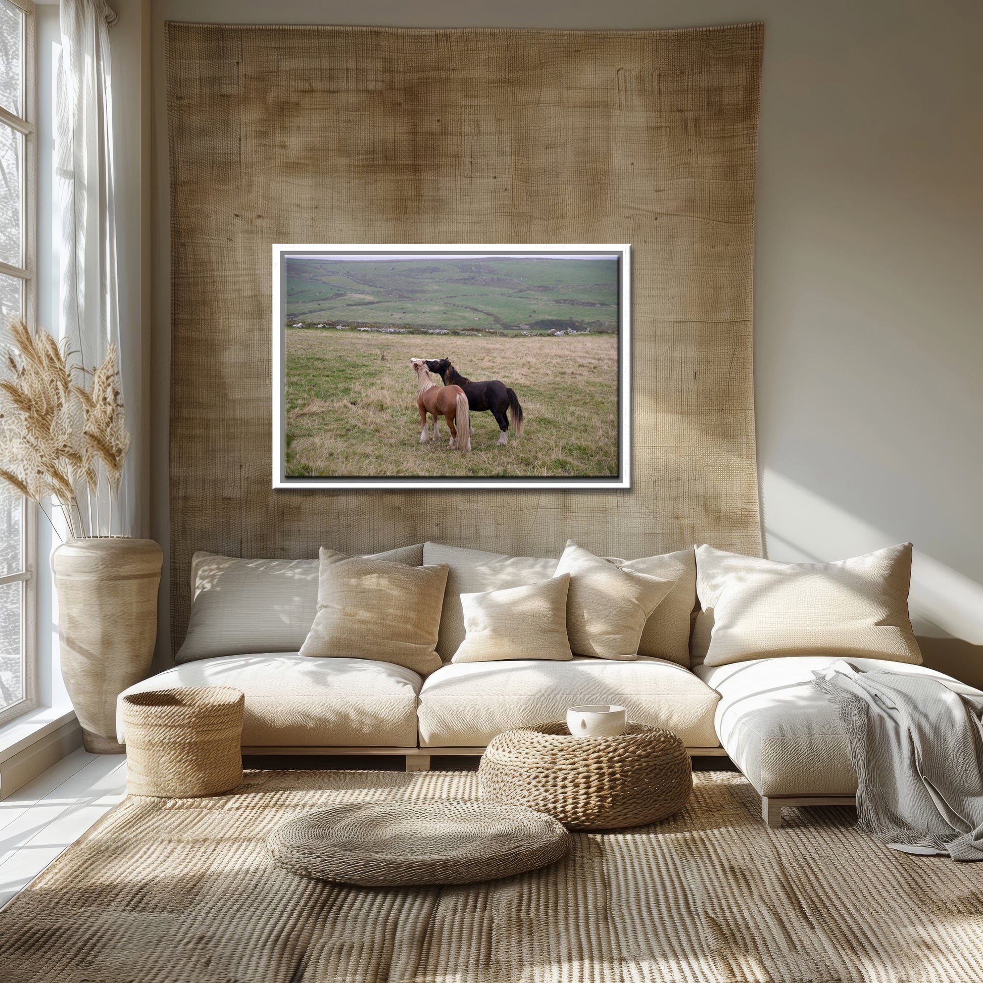 Two loving, playful horses interacting in the fields of Ireland. Framed canvas wall art by Kristen Olivares