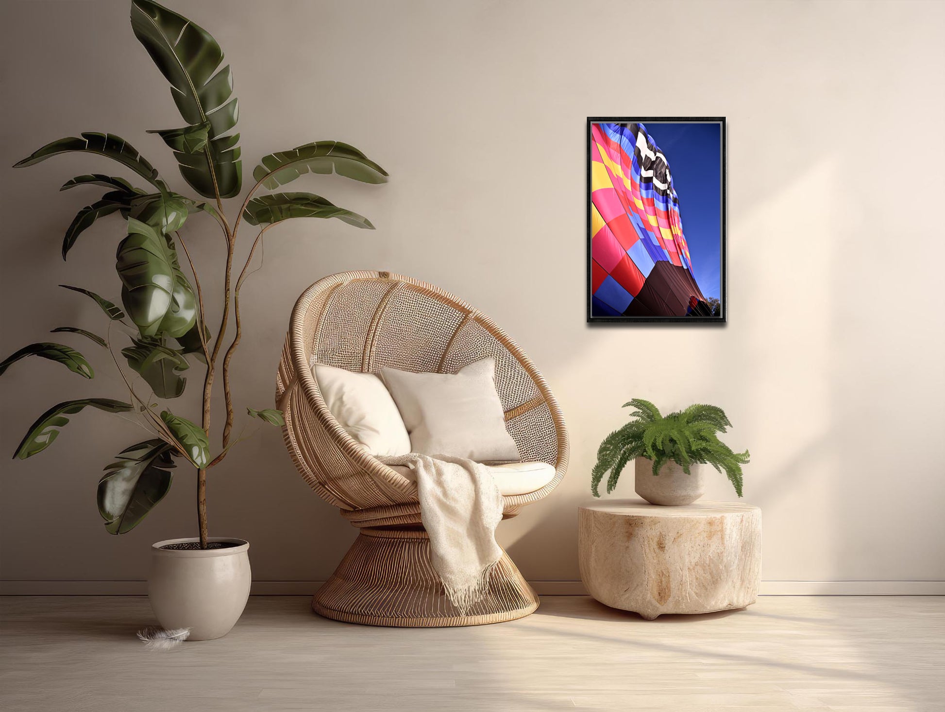 Bright, colorful Hot-air Balloon framed canvas photo by Kristen Olivares