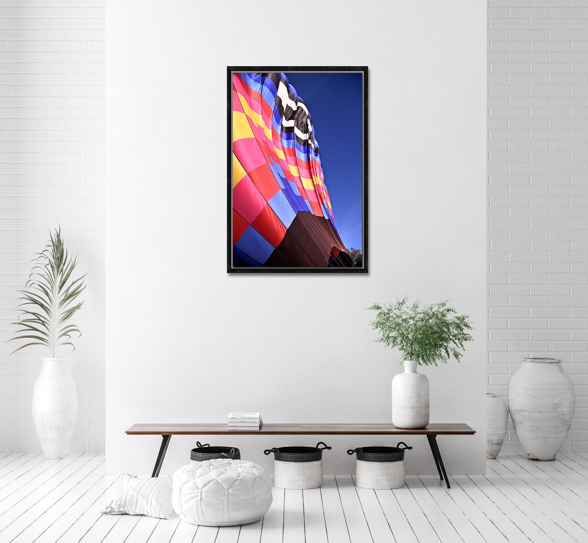 Bright, colorful Hot-air Balloon framed canvas photo by Kristen Olivares