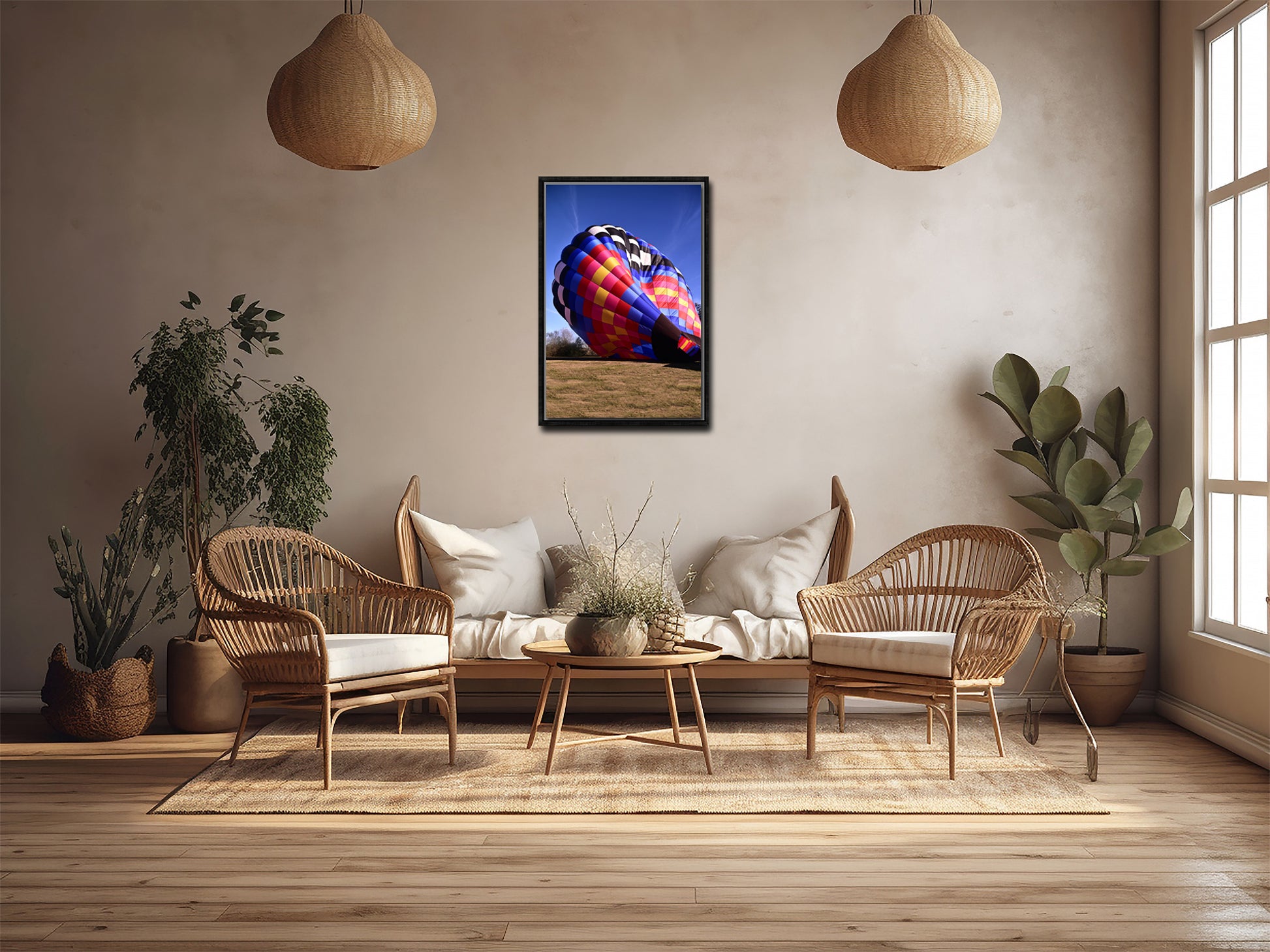 Bright and bold, colorful hotair balloon ready to take off, fine art print on canvas by Kristen Olivares
