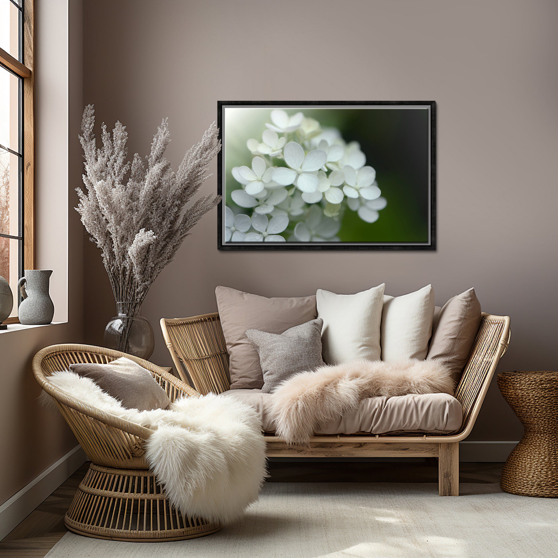 Beautiful White Hydrangea flower in the morning light. Framed canvas wall art by Kristen Olivares.