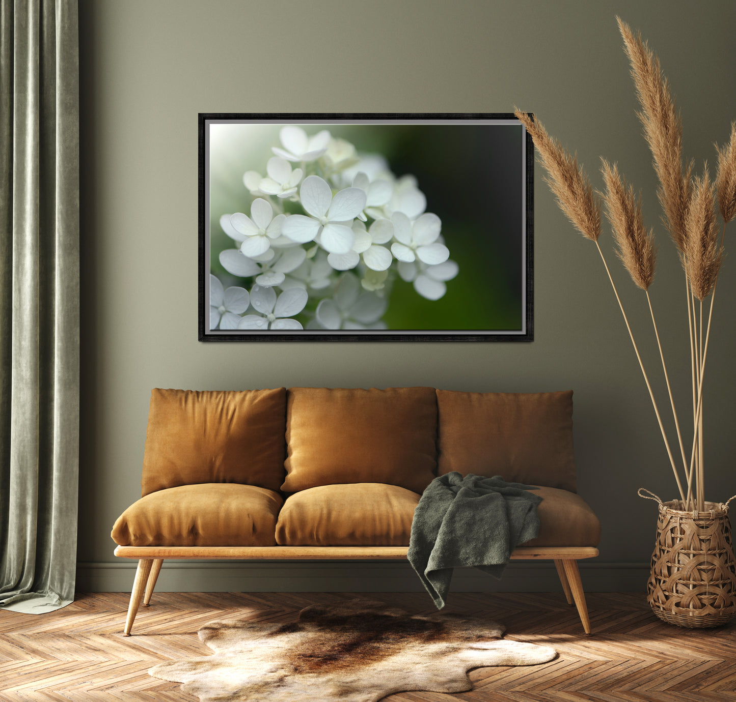 Beautiful White Hydrangea flower in the morning light. Framed canvas wall art by Kristen Olivares.