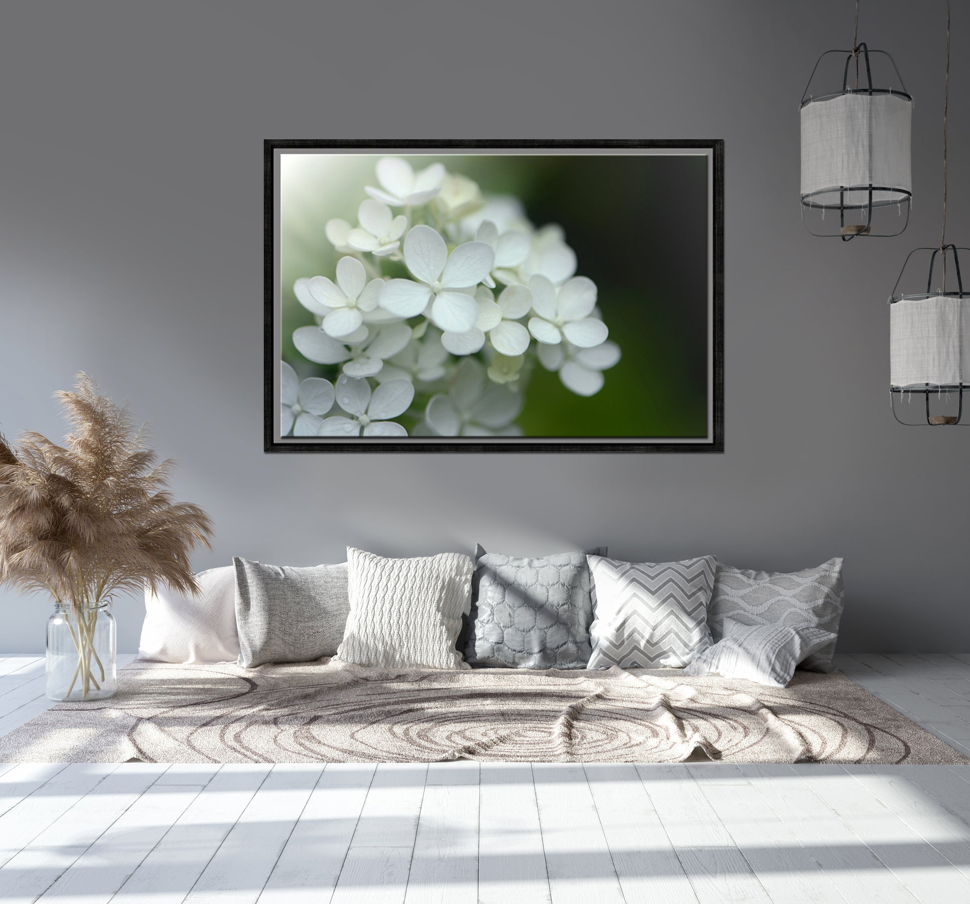 Beautiful White Hydrangea flower in the morning light. Framed canvas wall art by Kristen Olivares.