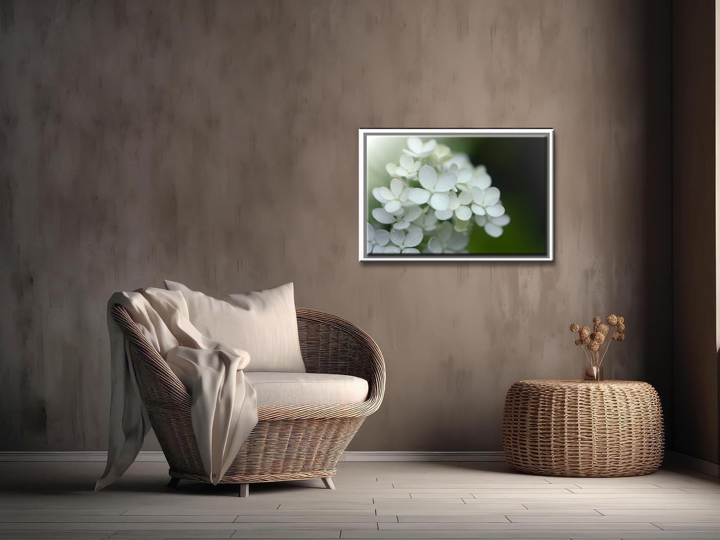 Beautiful White Hydrangea flower in the morning light. Framed canvas wall art by Kristen Olivares.