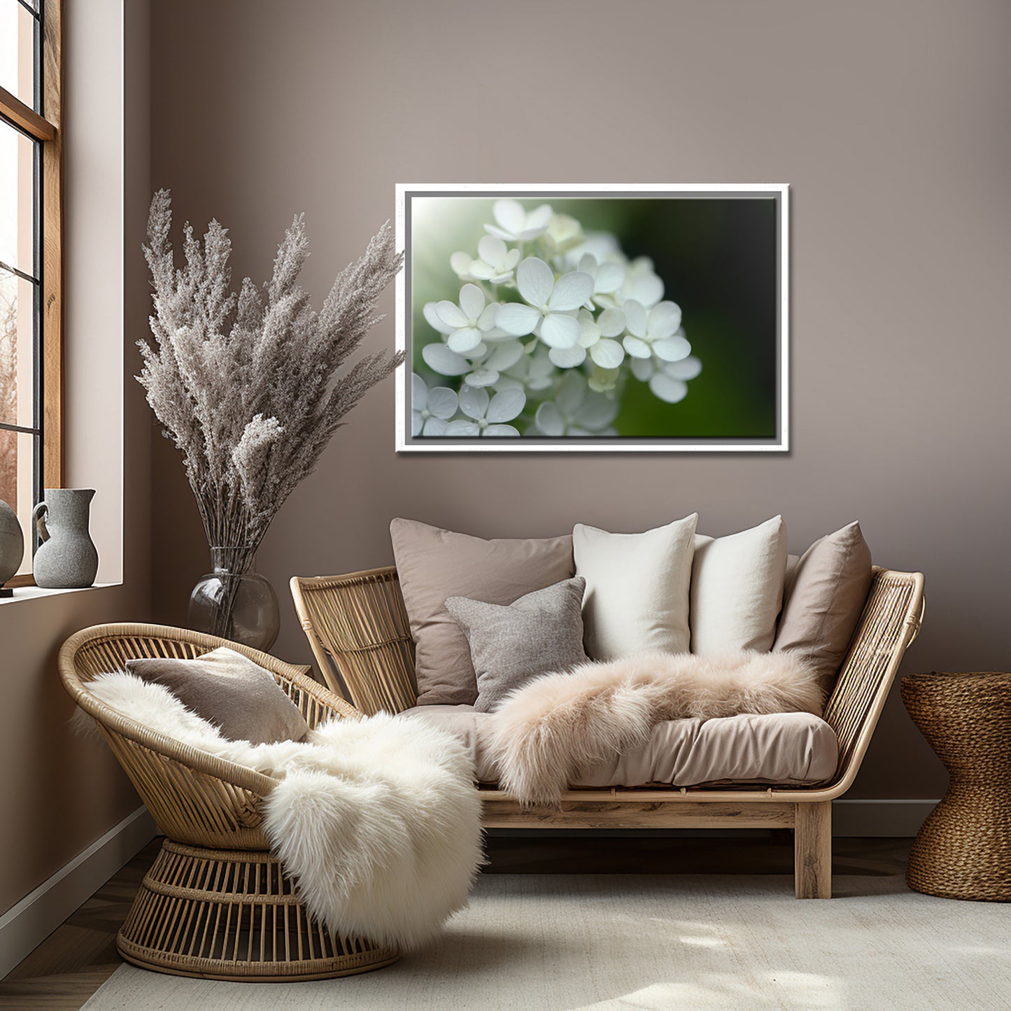 Beautiful White Hydrangea flower in the morning light. Framed canvas wall art by Kristen Olivares.