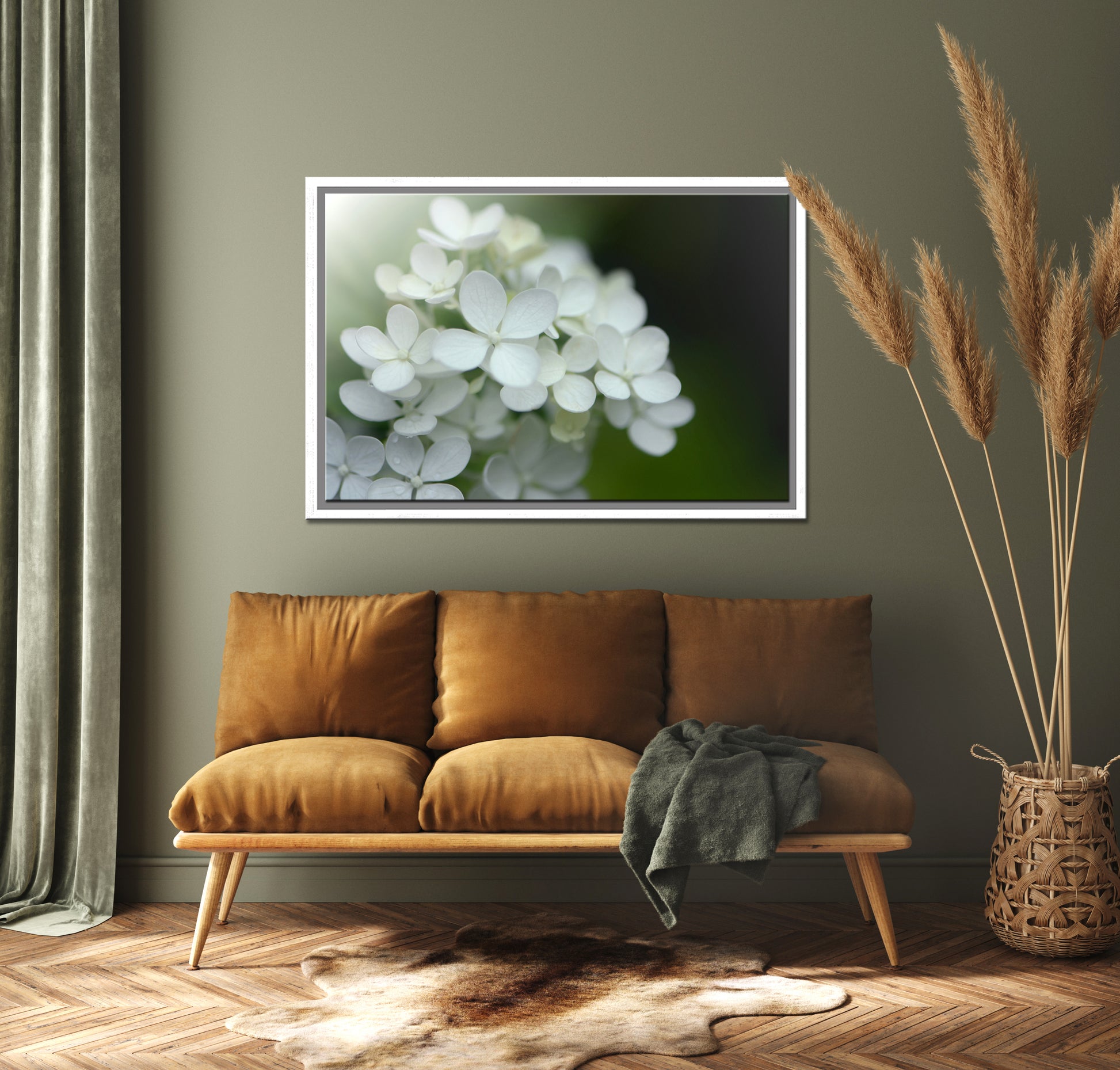 Beautiful White Hydrangea flower in the morning light. Framed canvas wall art by Kristen Olivares.
